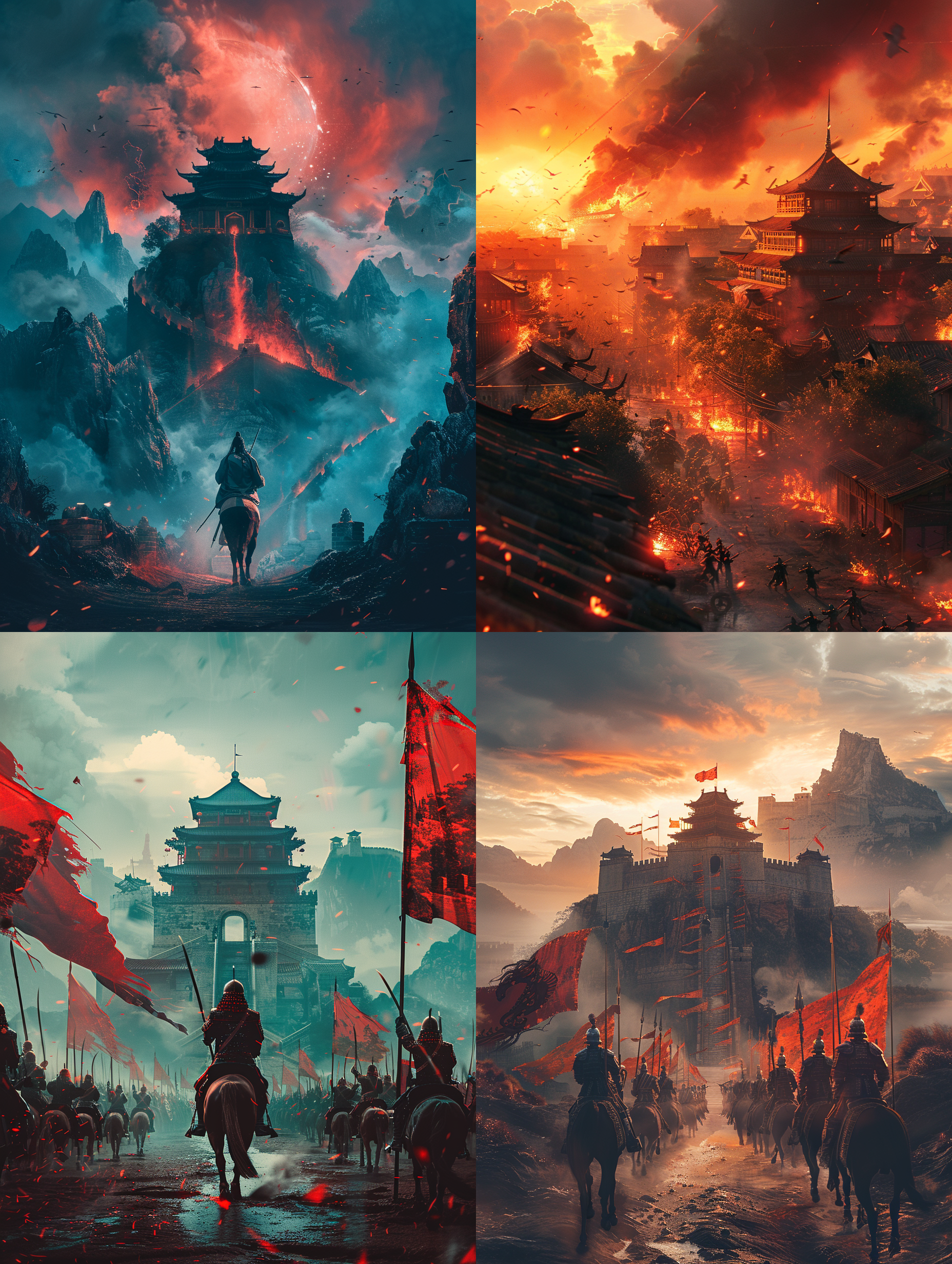 大战在即，军团列阵，攻城车，中国城墙，大场景，逼真超现实，电影质感，气势磅礴，8k超高清，冷兵器，动作戏，战争场面，古代军队，历史重现，英勇壮丽，广角镜头 