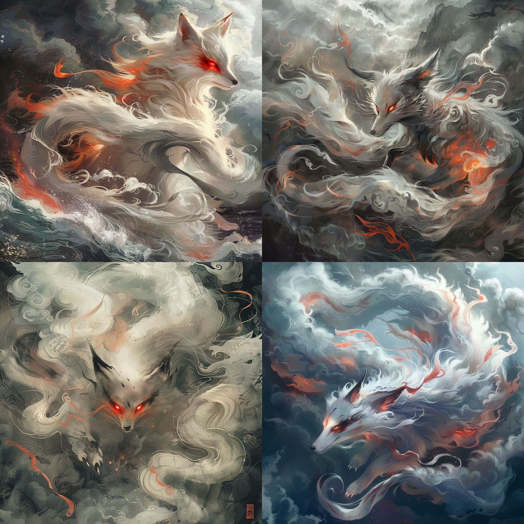 九尾狐，神圣威严，红光眼冒，主体突出，山海经，云雾缭绕，云纹装饰，飘带，清晰阴暗背景，最高画质，神秘色调，特写镜头，细节突出，动态，威严。