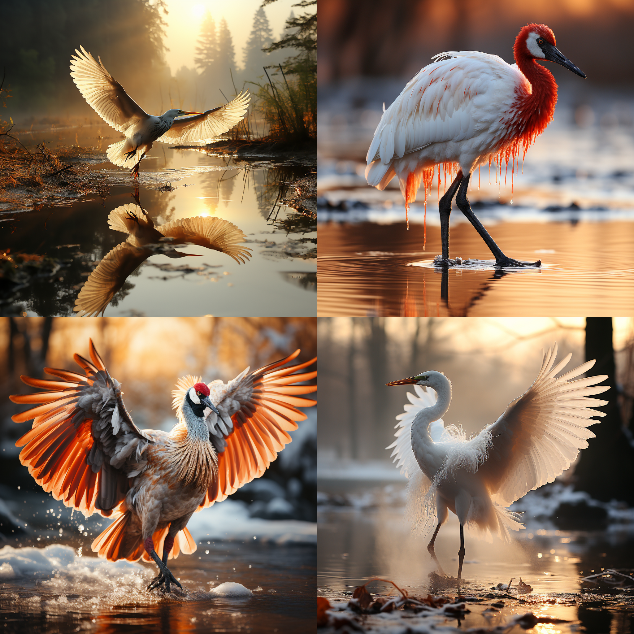 仙鹤在日出时飞翔，翅膀展开，姿态优雅，羽毛洁白如雪。背景是一片宁静的湖泊，水面倒映着橘红色的天空和浮云。整个画面充满了宁静与祥和的氛围，仙鹤似乎在传递着长寿和美好的寓意。早晨，仙鹤，羽毛，湖泊，日出，天空，浮云，宁静，祥和，长寿，美好。