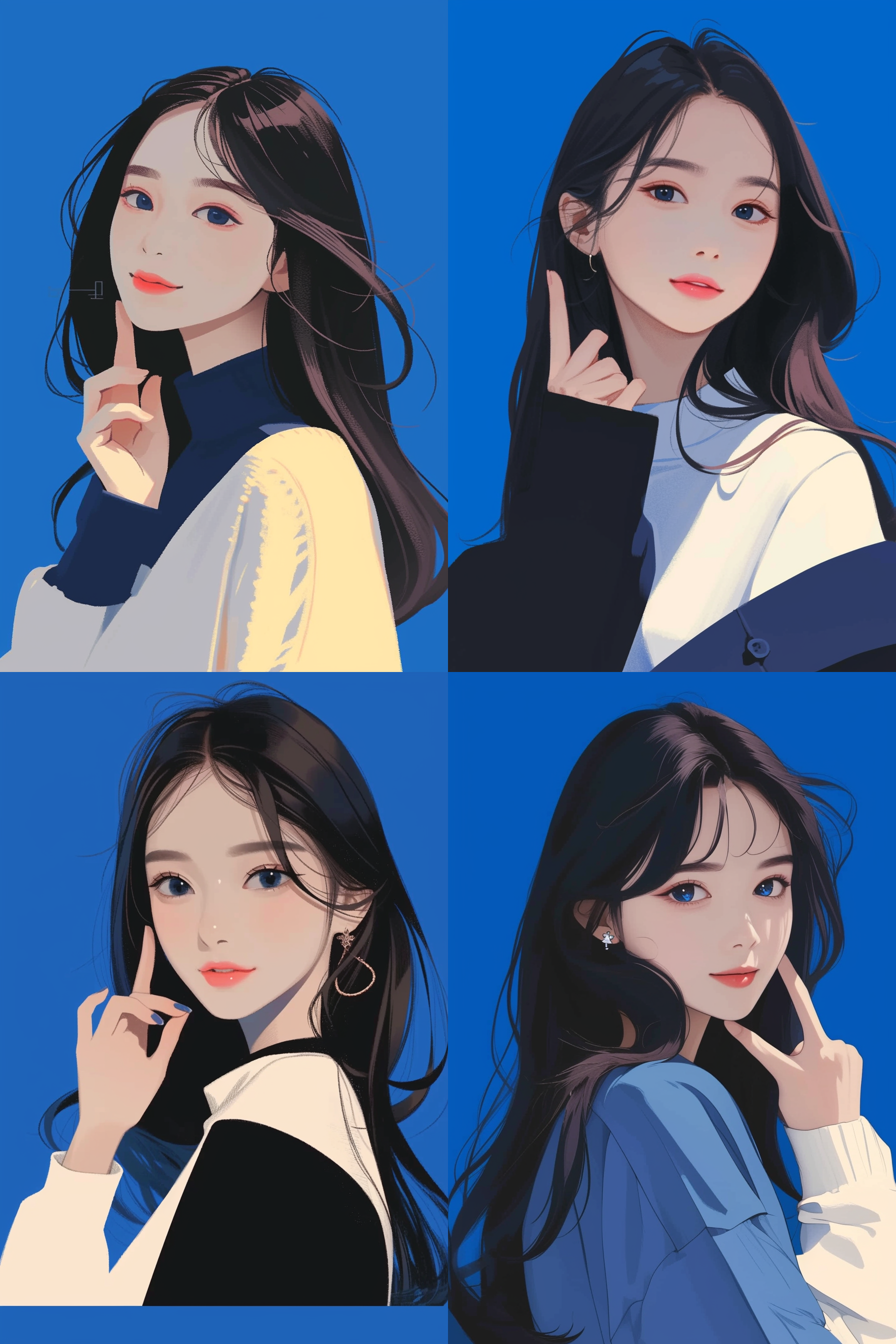 漂亮中国女孩，黑发蓝眼，面对镜头，克莱因蓝背景，极简主义画家风格，抽象memphis墨菲斯风格，平面插图，矢量插图，极简扁平风格，清晰轮廓，明亮色彩，自信微笑，艺术感。