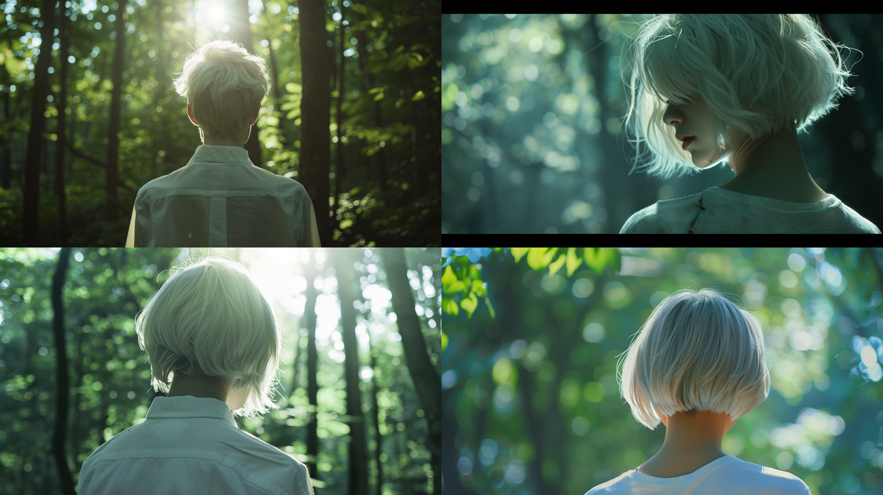 高中青年，白色短发，碎发，皮肤白皙，薄肌，白色衬衫，户外树林，背影，逆光，长焦镜头，静态，沉思，孤独感，8k，极高分辨率 