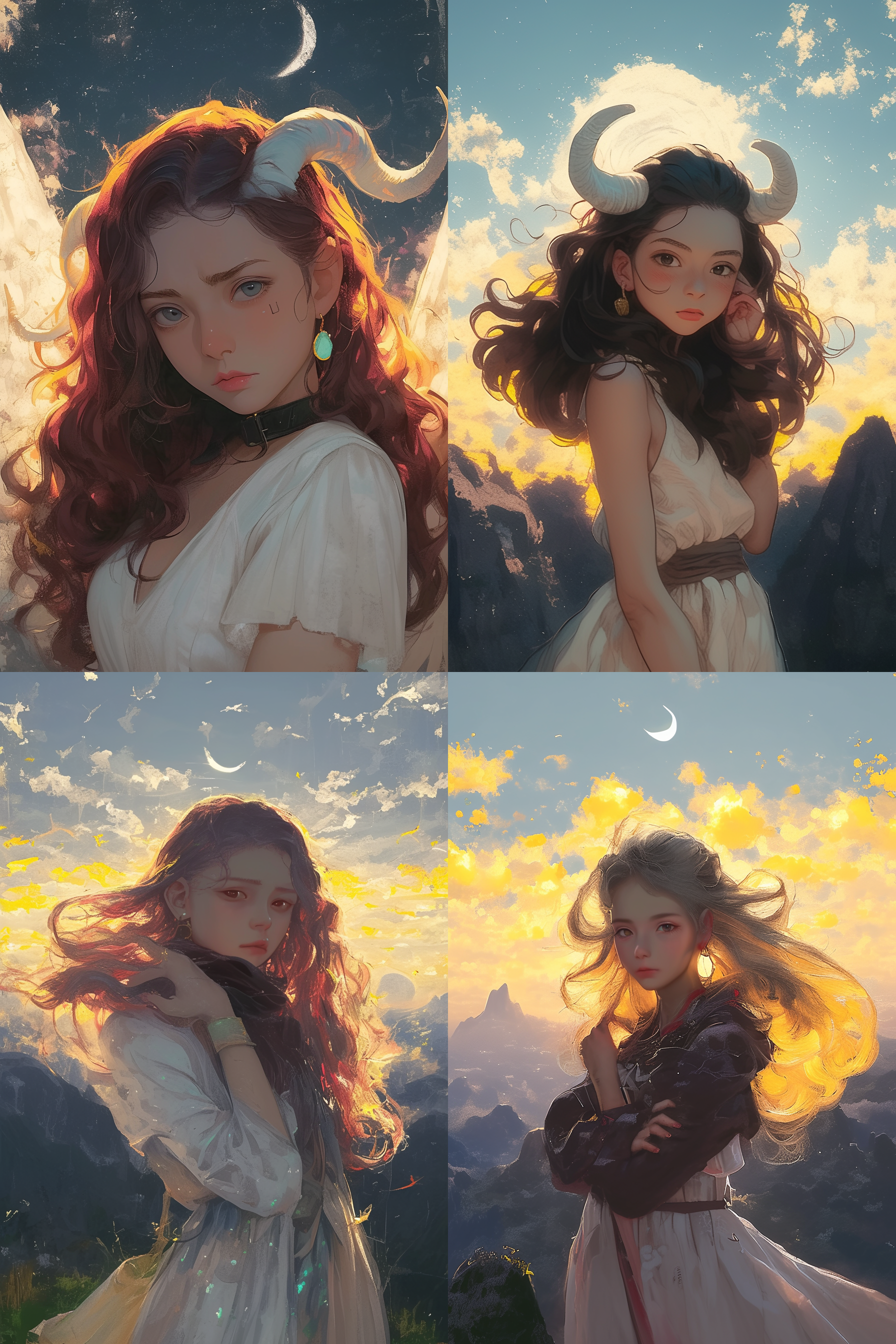 白羊座少女在日落时分站在山顶，背景是绵延的山脉和绚丽的橘红色天空。她身穿一件简约但富有设计感的白色连衣裙，微风吹动着她长发。她的脸上带着自信和坚毅的表情，眼神中透露出勇敢和冒险的精神。广角镜头捕捉到她站在山顶的壮丽景象，创造出一张充满力量和自由的照片。 白羊座, 少女, 日落, 山顶, 山脉, 橘红色天空, 白色连衣裙, 微风, 自信, 坚毅, 勇敢, 冒险, 广角镜头, 力量, 自由.