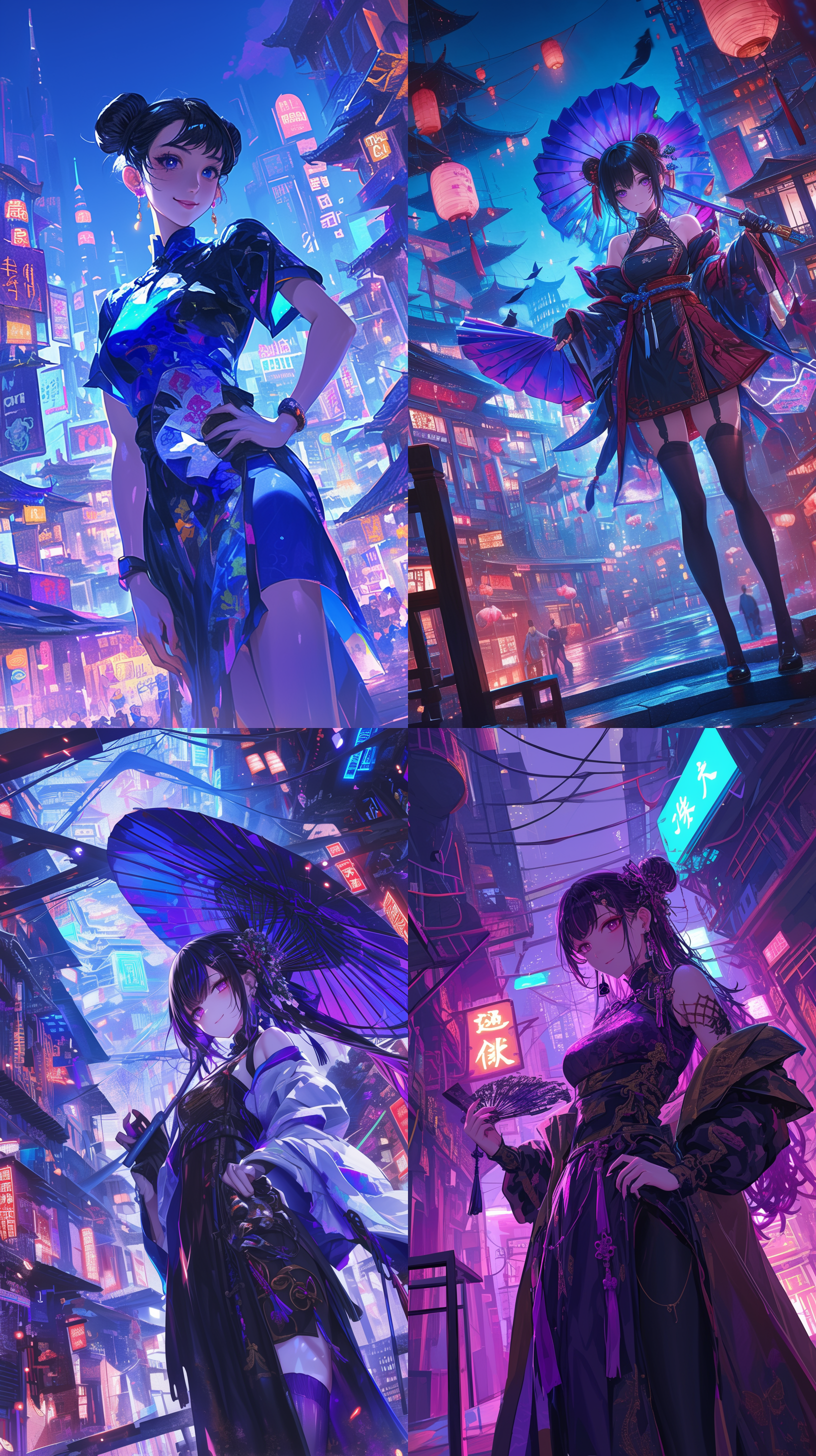 朋克女孩身穿中国风服装，站在现代城市街道上，背景为传统的中国风建筑。她眼神坚定，手持一把涂鸦艺术的扇子。高角度视角，蓝紫色调，对比明显，霓虹灯光，自信微笑，时尚感。