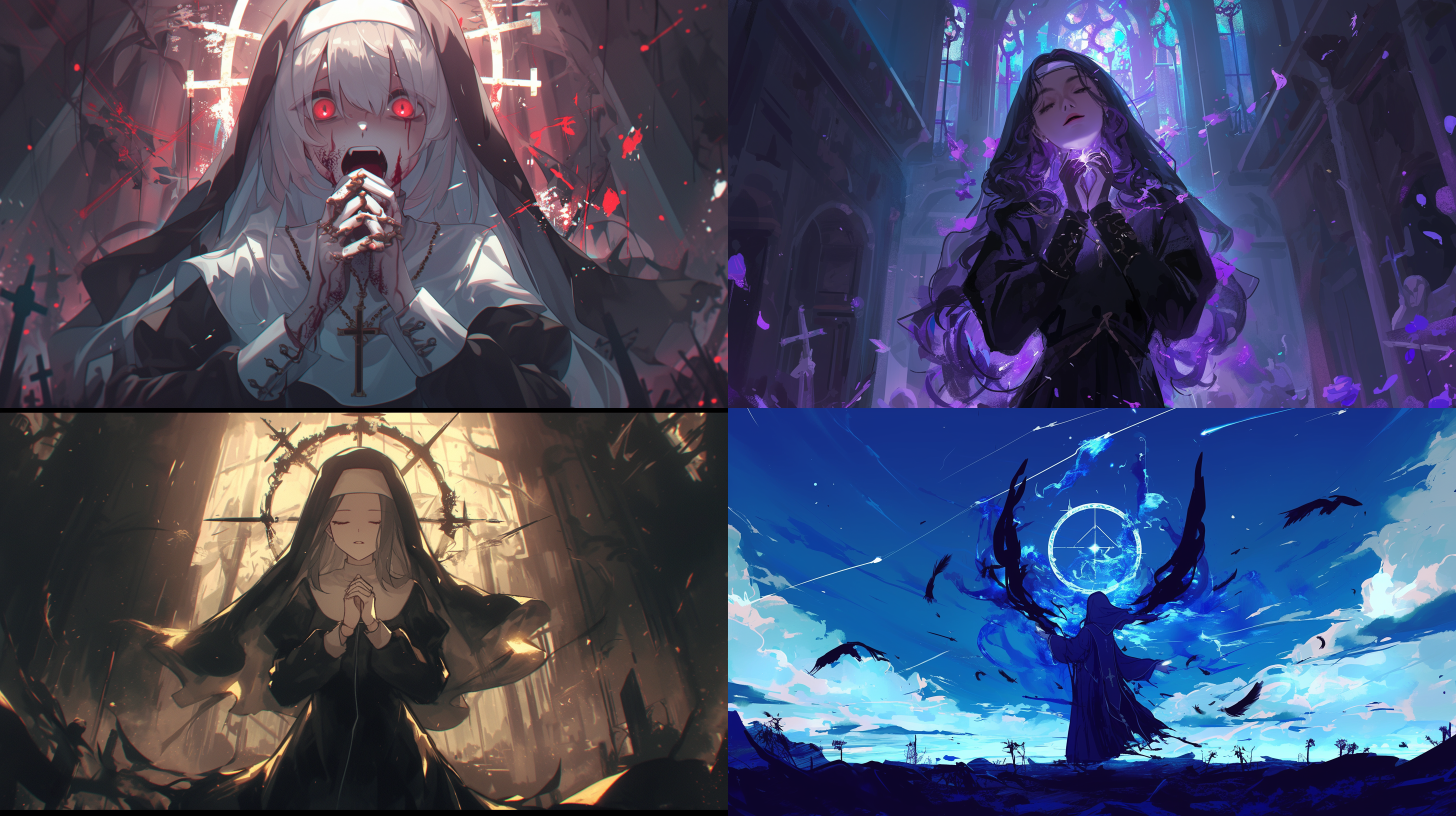 修女张大嘴巴，朗诵着天国的镇魂曲，音乐魔法，歌声浮现，音调幻化成了魔法符号，悲伤氛围，暗色调