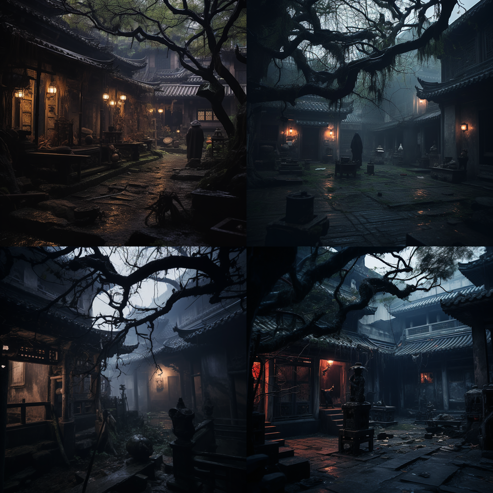 破旧的乔家大院，昏暗光线，阴霾天气，错落古树，藤蔓缠绕，一位身穿古代服饰的神秘人物，面容阴沉，凝视远方。古风题材，低饱和度，长焦镜头，静态，神秘，沉重。