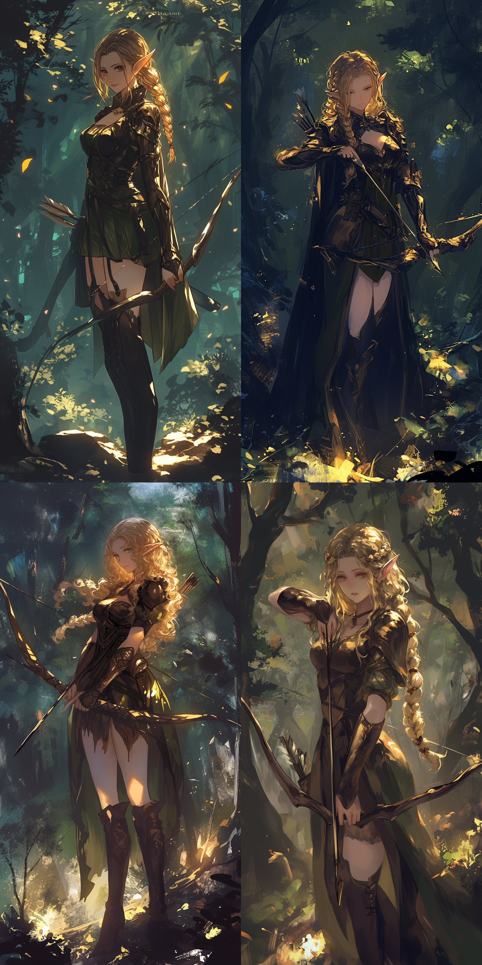 金色头发扎卷发辫子女精灵弓箭手，拉弓姿势，人物全身，暗林中，神秘色调，专注，神秘