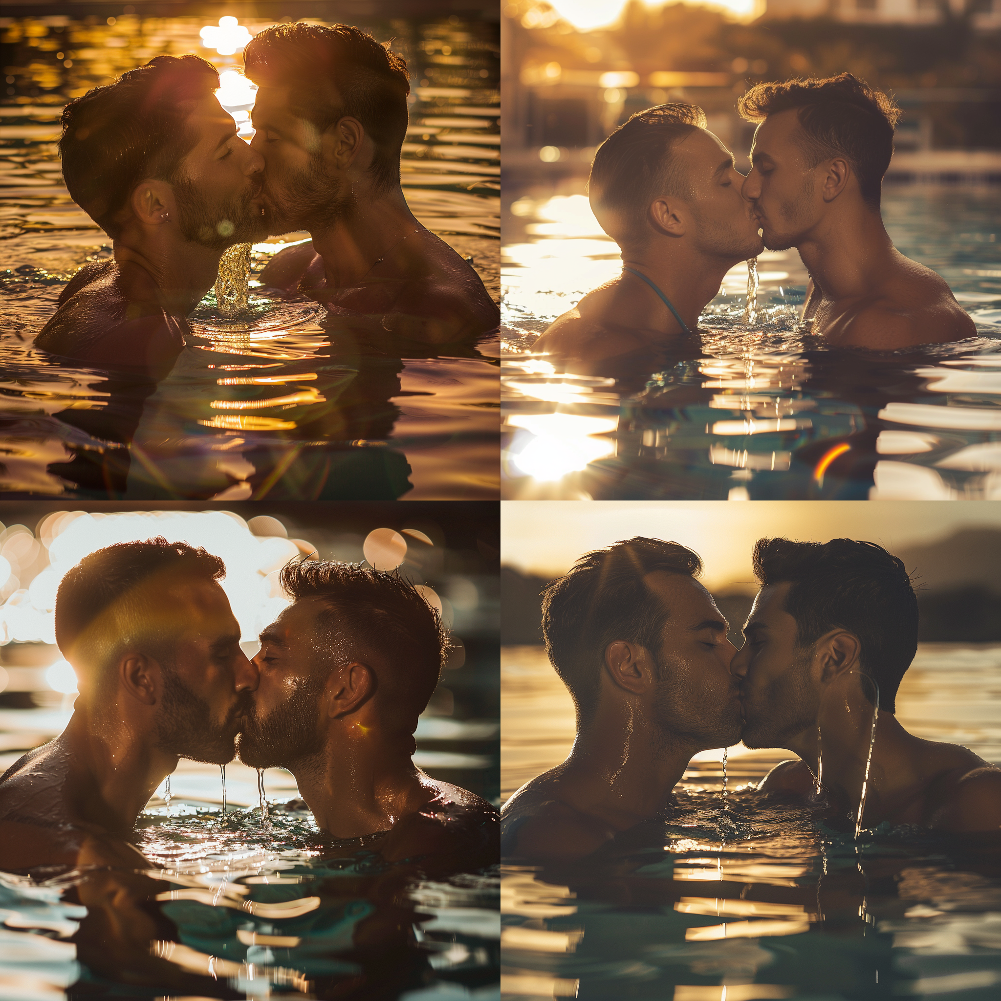 两个肌肉帅哥拥吻，泳池中，长焦镜头，阳光帅气，金色光线，动作流畅，肌肉线条 