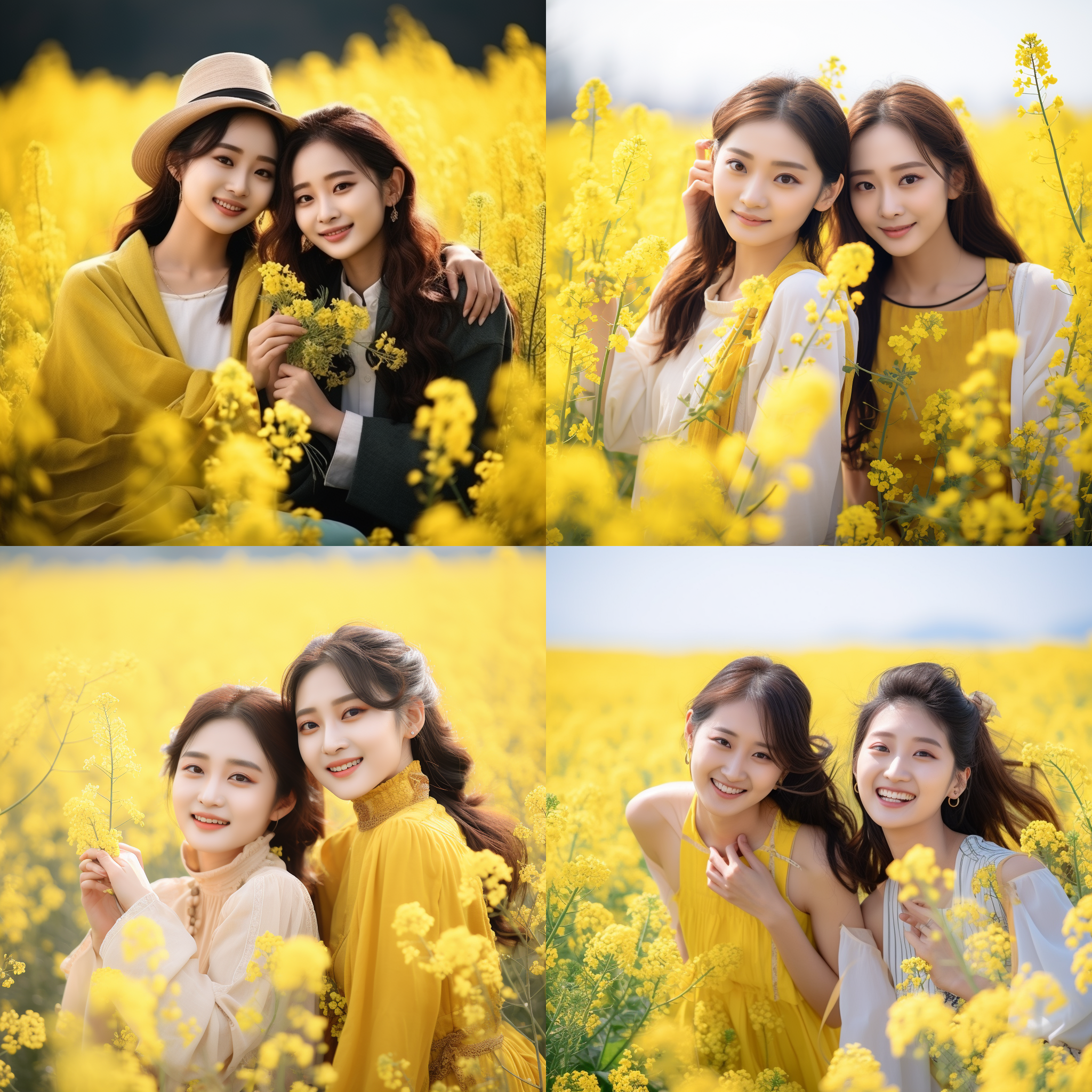 中国女孩子在油菜花田里，写实风格，真实感，田园风光，逆光，长焦镜头，自然光，微笑，清新，黄色调。