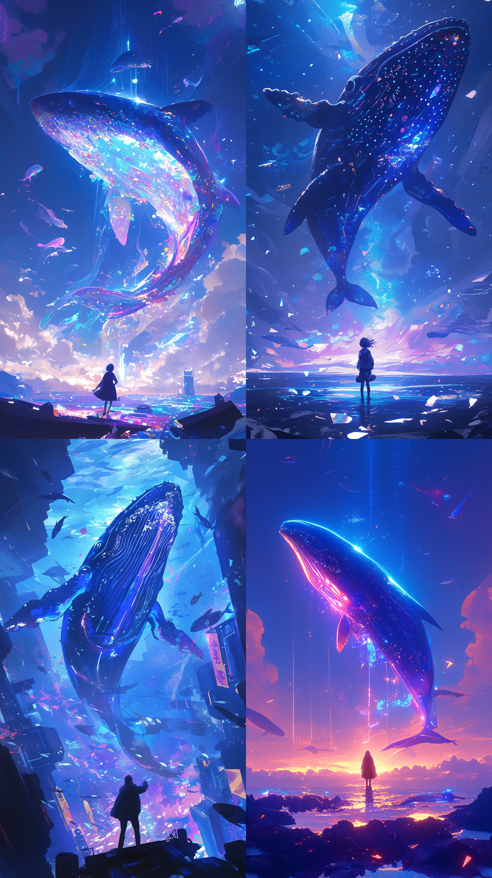 深邃海洋中，一只朋克风格的鲸鱼在远景中浮出水面。鲸鱼身上镶嵌着亮丽的彩色灯光，展现出未来感。构图以鲸鱼为主体，背景是无边无际的海洋。透过广角镜头，呈现出宽广的视野。蓝色和紫色的色调营造出神秘而震撼的氛围。