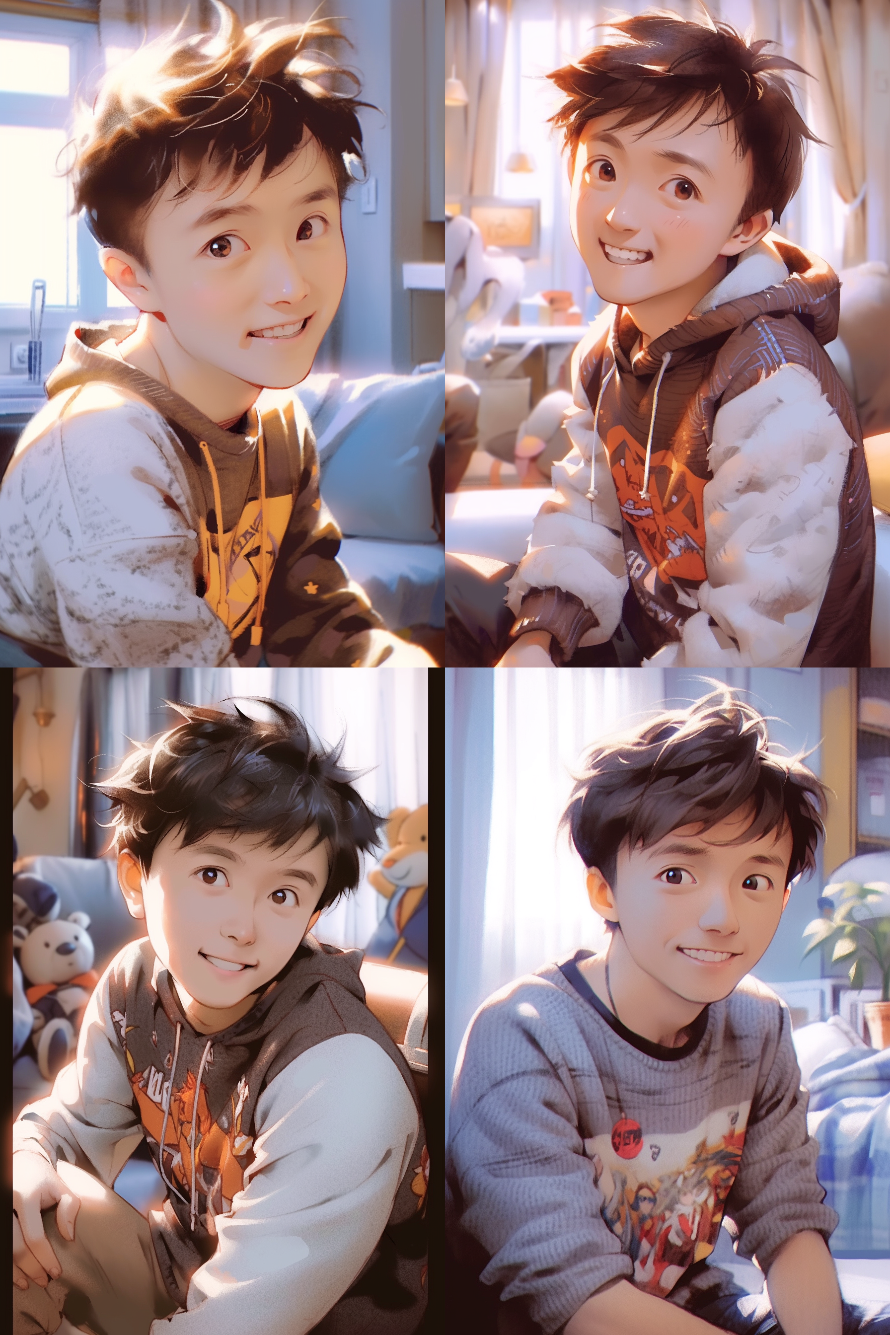 年轻男孩迪士尼动画风格，正面镜头，浪漫魅力，夸张写实面部特征，色彩丰富，柔和照明，细节丰富，温馨幸福，梦幻氛围。