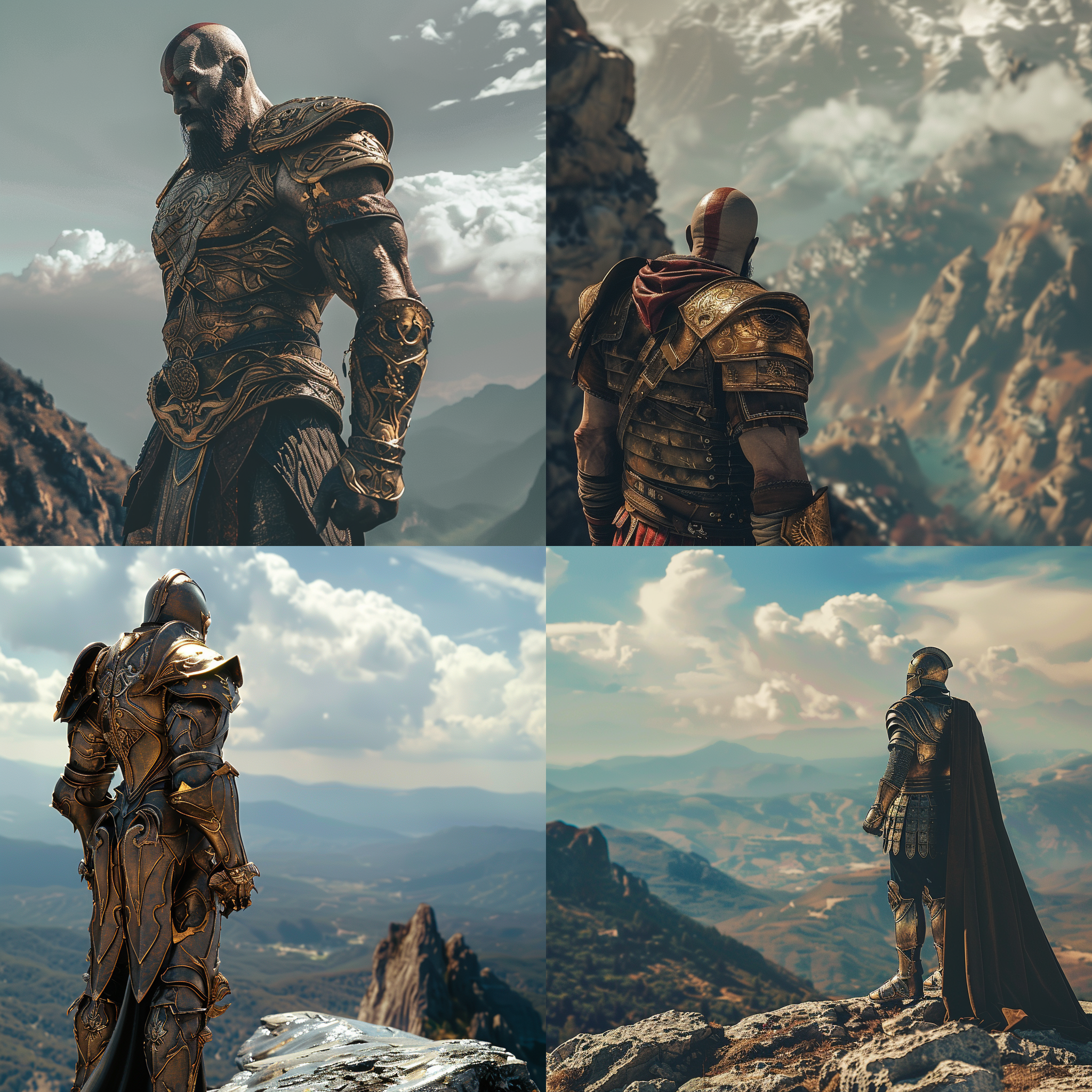 战神凝视远方，站在山巅，壮丽的风景背景。古铜色盔甲，沉稳表情，宏伟气势。高角度视角，远焦镜头，自然光线，英雄主题，金色调，威严。