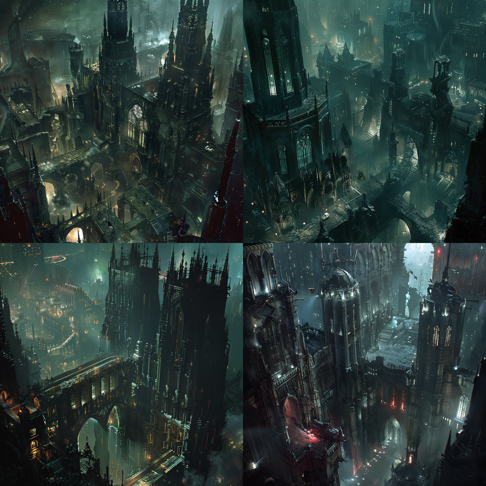 哥特风战锤40k建筑，夜晚，城市废墟，高对比度，底片效果，闪烁的灯光，细节丰富，复杂的立体结构，金属质感，冷色调，沉浸感。