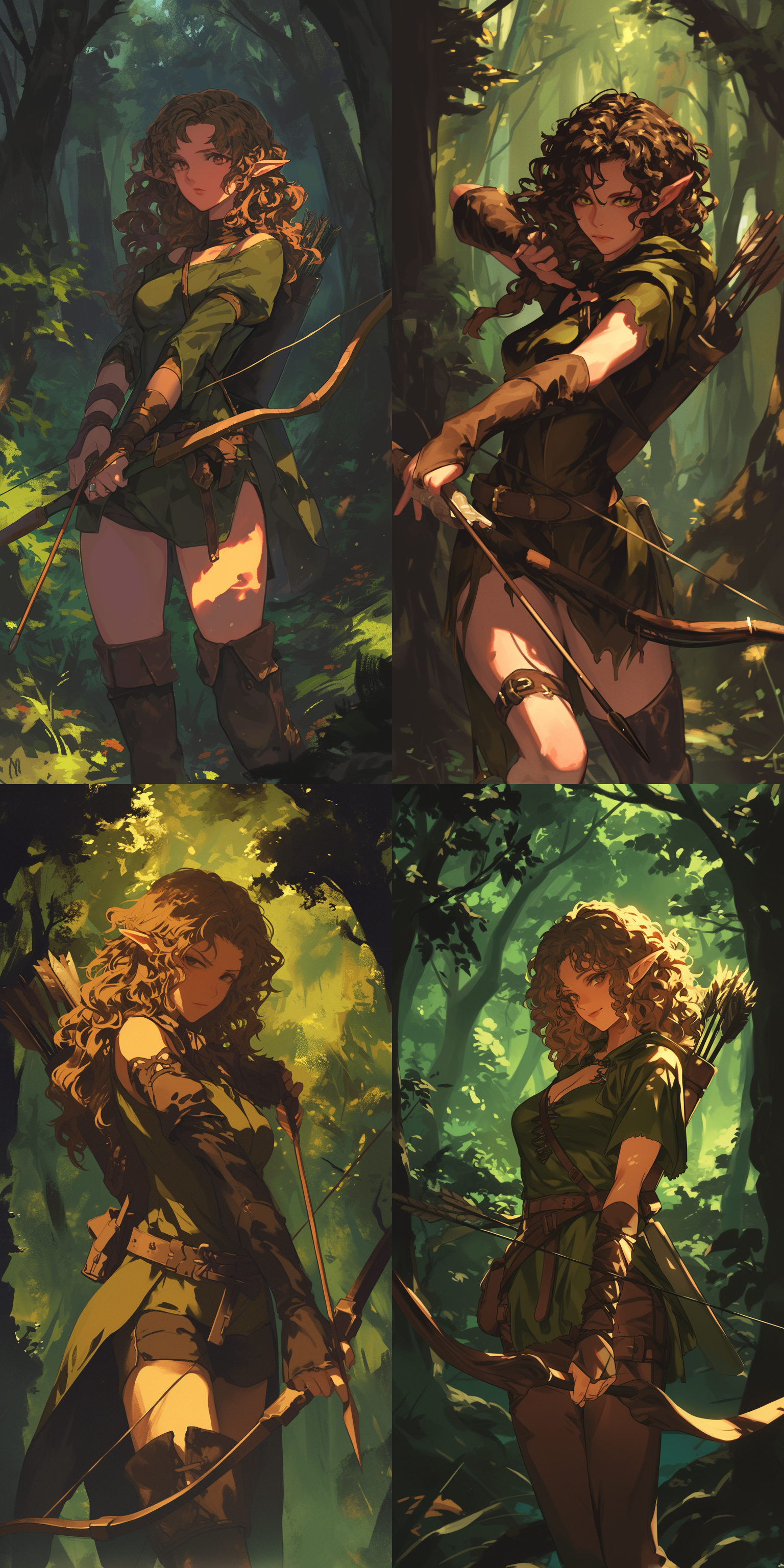 棕色卷发女精灵弓箭手，拉弓姿势，人物全身，暗林中，神秘色调，专注，神秘