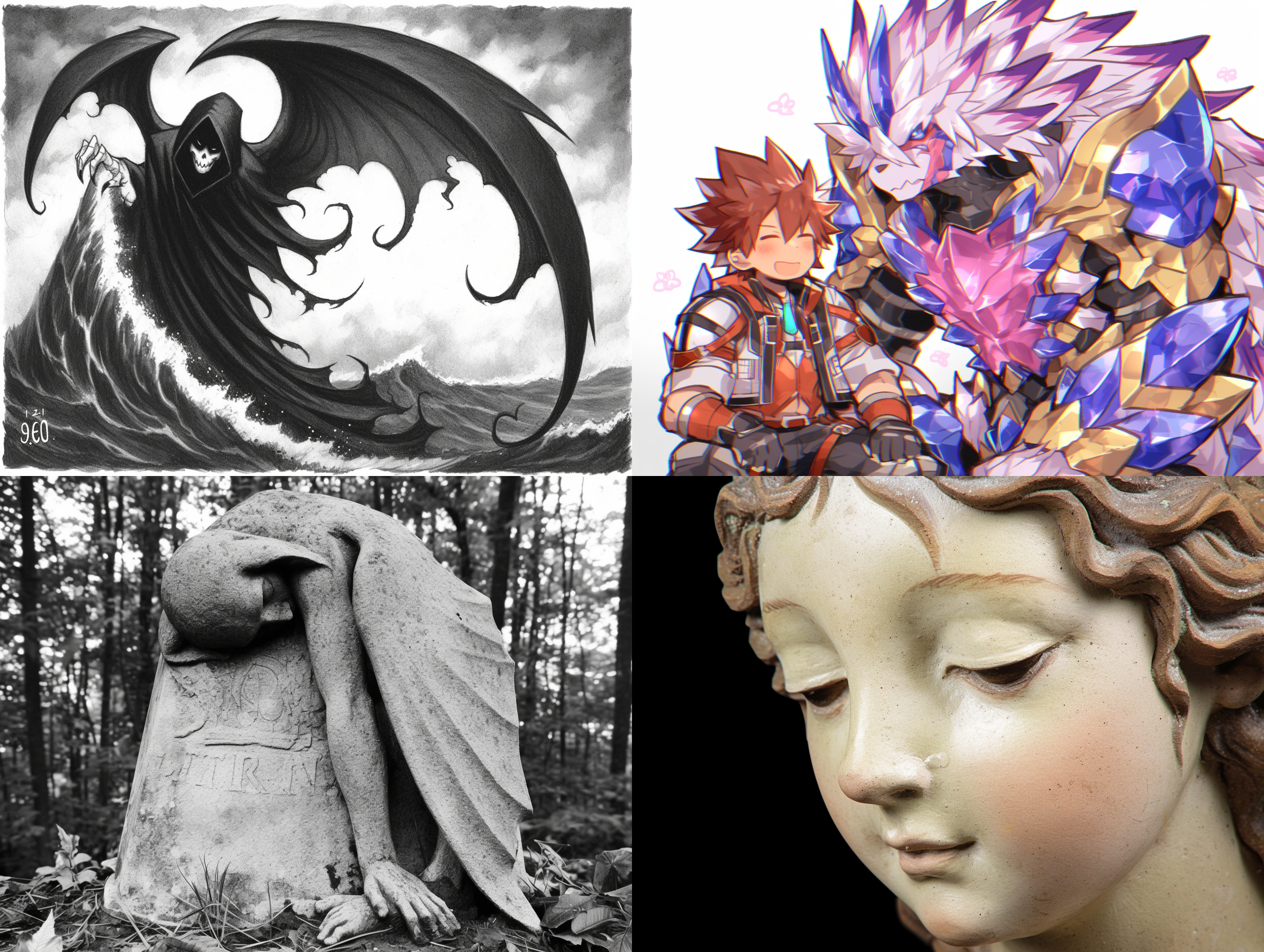 黑夜中，恶魔来到天使之墓。墓地被阴影笼罩，只有微弱的月光照亮着。天使雕像庄严肃穆，面容平静，展现出无尽的智慧和力量。恶魔身披黑袍，面容狰狞，目光凶狠。镜头透视感强，冷色调，广角镜头，柔和侧光，静态。神秘，对立，宿命，黑暗。