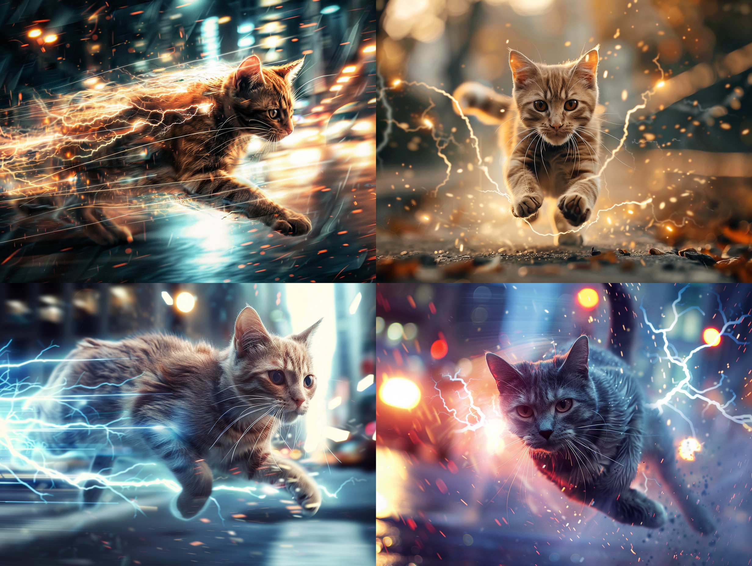 一只猫，像闪电侠一样高速奔跑，闪电特效，纽约，全身照，细节，高质感，电影镜头