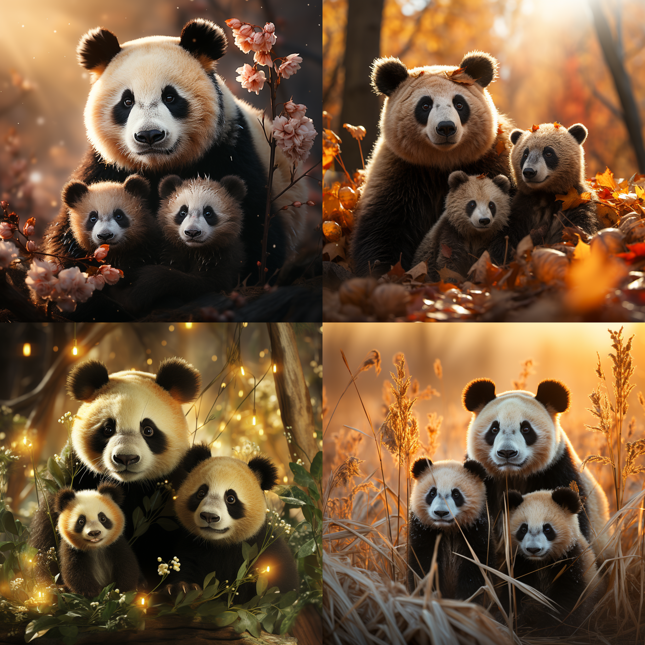 熊猫一家，森林中，母熊猫抱着幼崽，背光，柔和色调，特写镜头，温馨，亲情，自然。