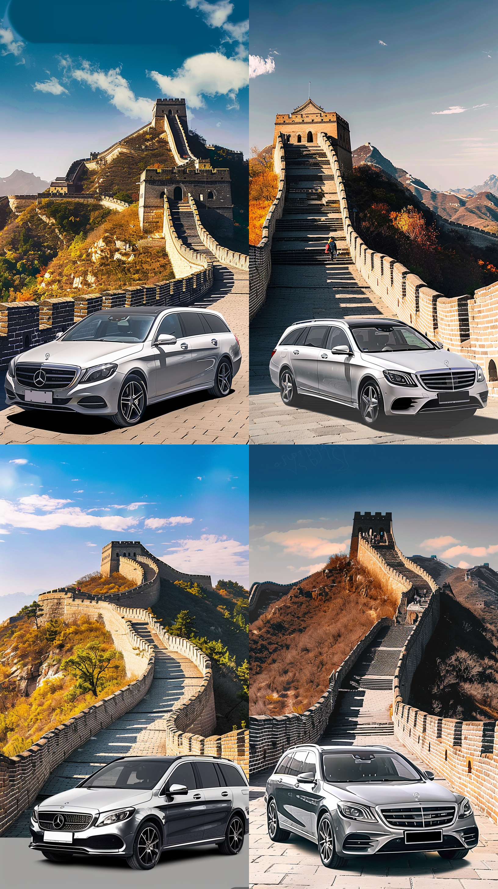 奔驰商务车停在八达岭长城前，蓝天白云背景下，群山长城真实展现。全景构图，写实风格，人物视角，长焦拍摄，自然光照。壮观、雄伟的长城与奢华的商务车相映成趣，展现高端大气上档次的震撼场面。