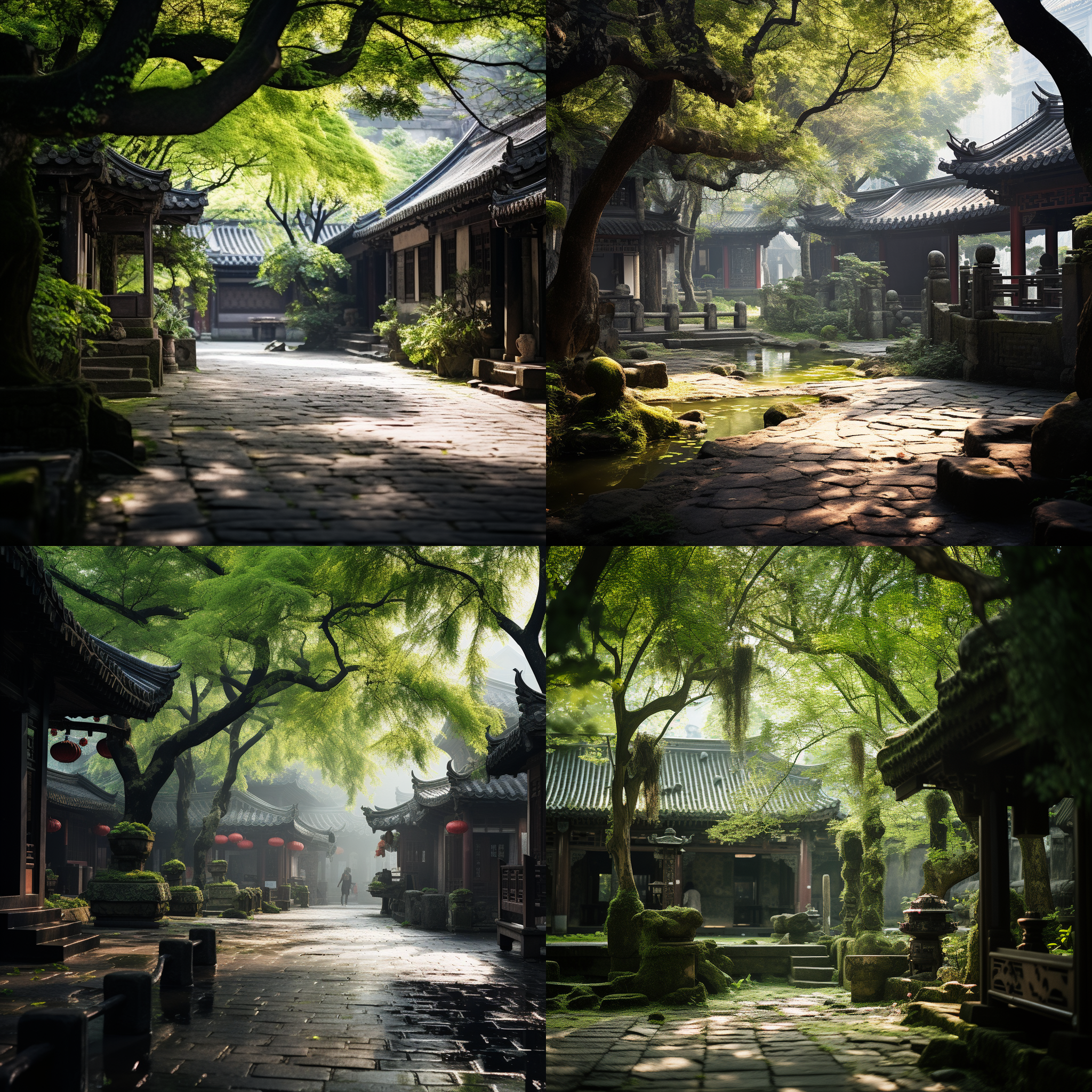 破旧的宋朝江南古庭院，青苔覆盖，斑驳的青石板路，古树参天，曲径通幽，一缕阳光透过叶间洒落。传统汉服人物，端坐庭院中，神情宁静。古风画面，柔和色调，长焦镜头，逆光拍摄，静态，典雅。