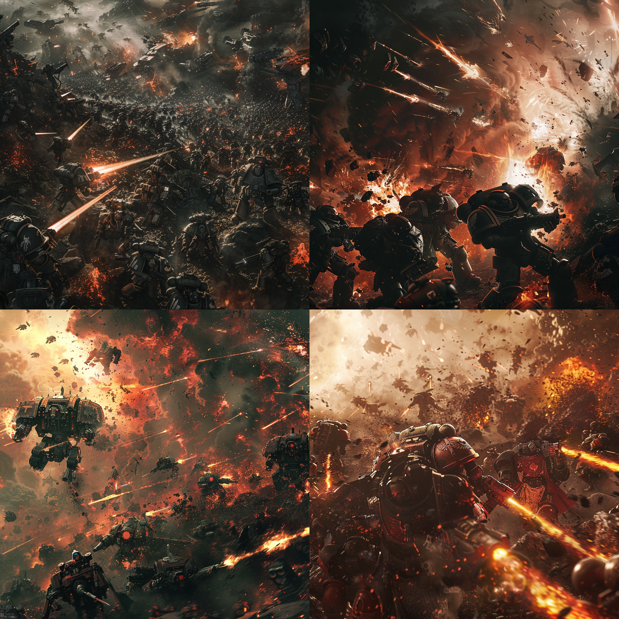 战锤40k，战斗场景，全景，混战，高细节，行动中，科幻风格，壮观，战火，冲突，暗色调，8k，远景，广角镜头，爆炸，激烈，紧张。