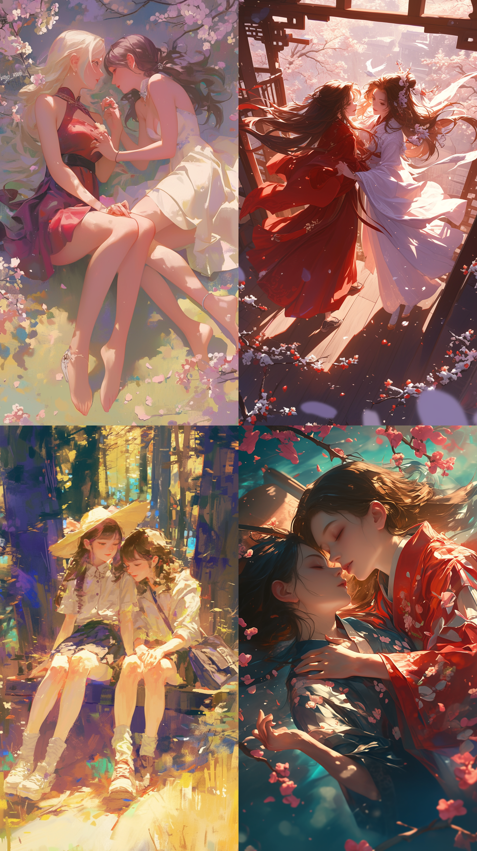 新海诚风格，与春天约会，两个美丽的少女，闺蜜，全身像，广角镜头，俯拍，开阔森林，柔和光线，情绪充满活力，低对比度，细节丰富