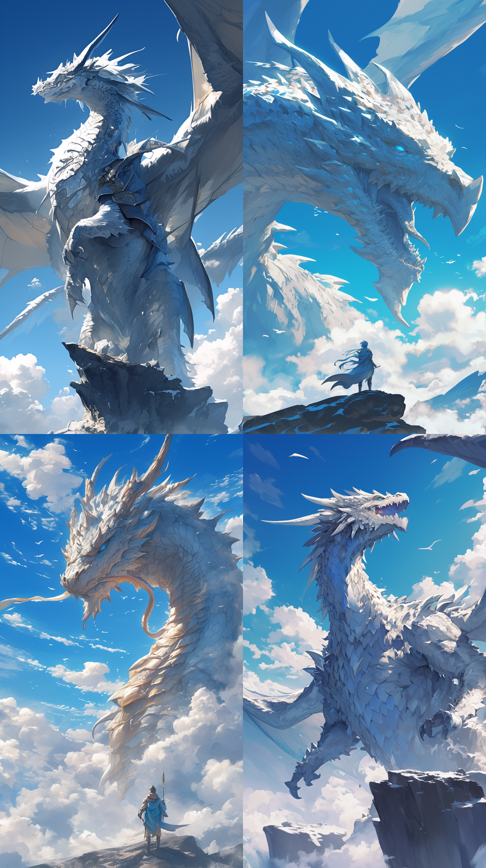 巨大银龙，仰视角度，壮丽天空，细节丰富，逆光拍摄，长焦镜头，逼真效果，蓝色调，震撼感。