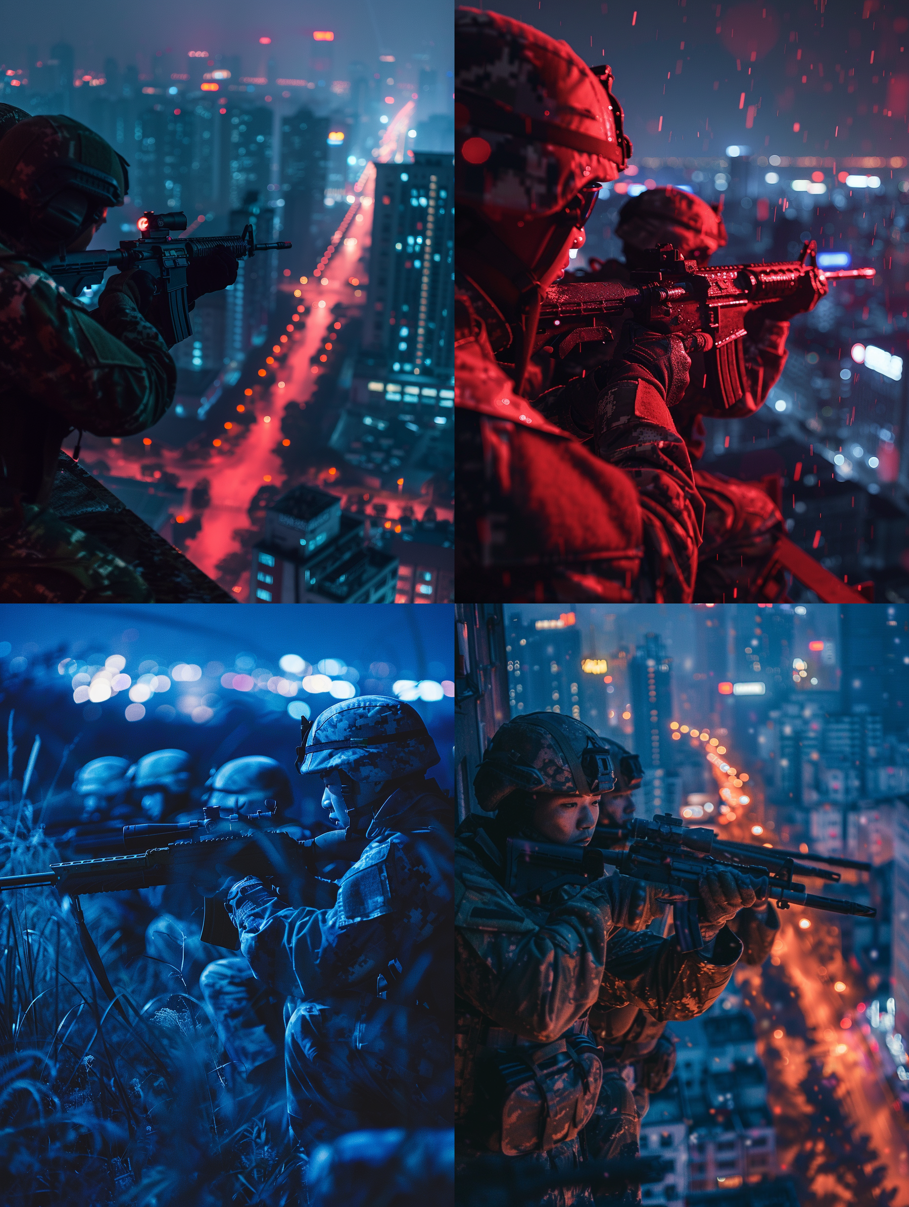 中国士兵手持步枪，打开红外线瞄准远方，空旷城市，光线洒落，高角度视角，远景构图，冷色调，长焦镜头，夜间拍摄，警惕表情，孤独，冷酷。