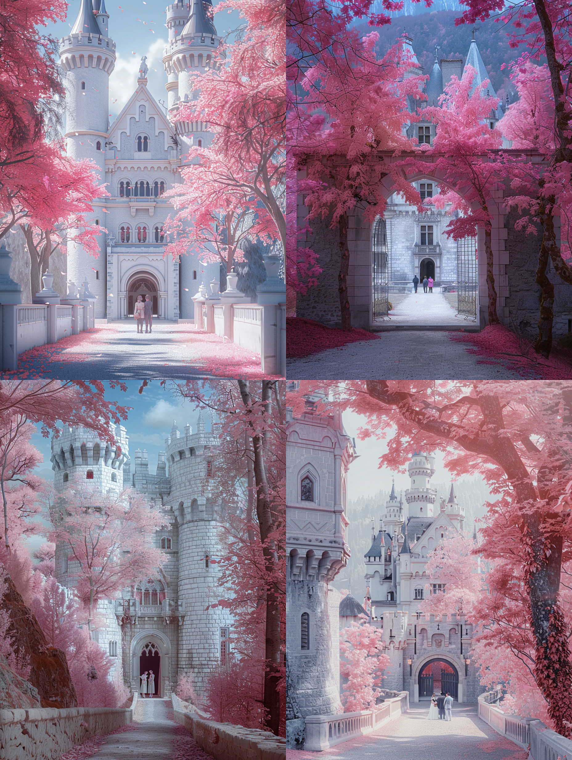 风景摄影，在一座白色的城堡前，有粉红色的树，通往城堡入口的走道站着一对男女，中焦镜头，虚幻的引擎，阿德里安·津格，魔幻现实主义，柔和的光线