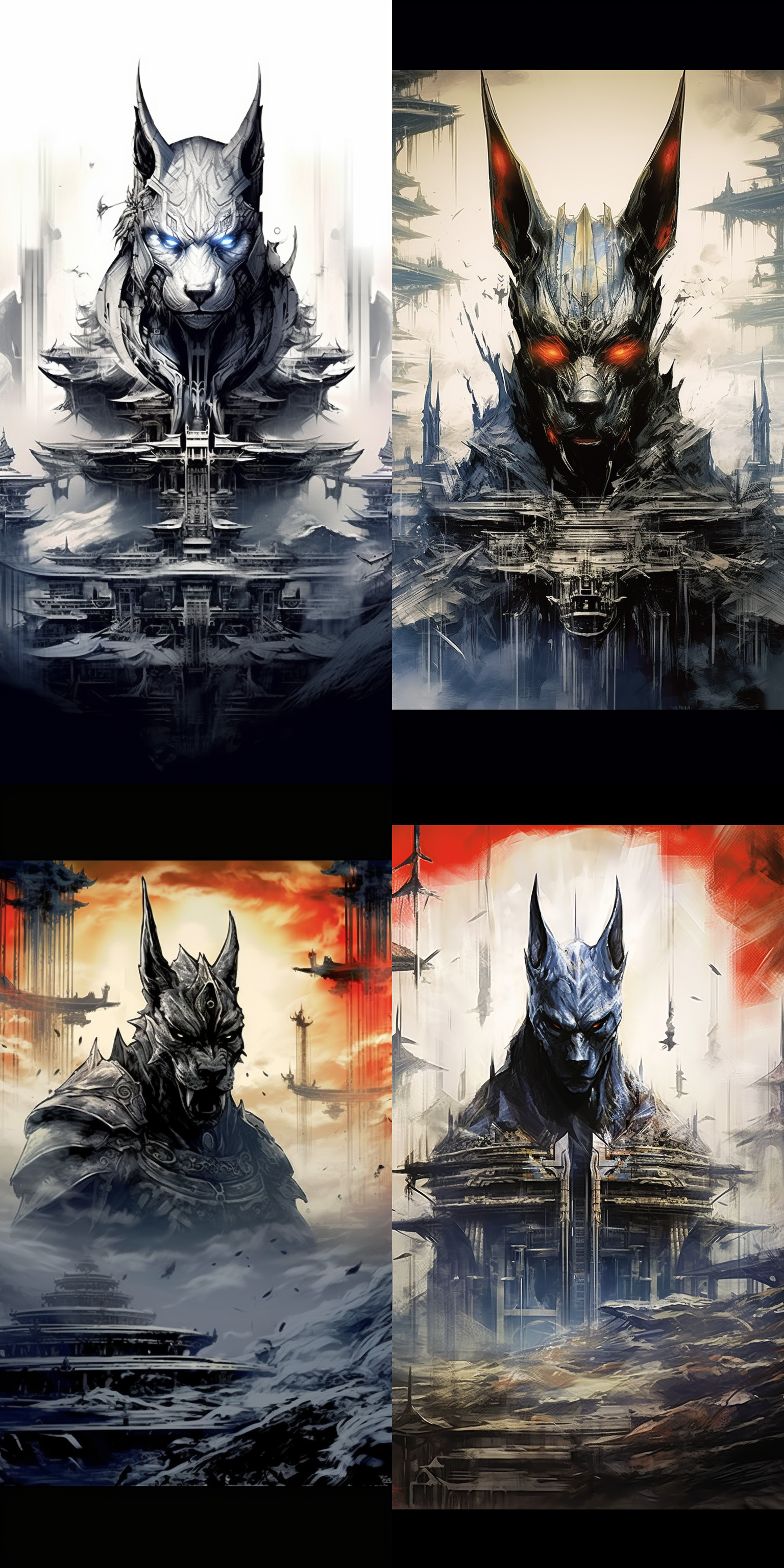 犬头猛将漫画，神仙铠甲，人间仙境，水墨风格，面露凶光，高角度视角，明亮色调，细节丰富，动作凌厉，浓烈情感。