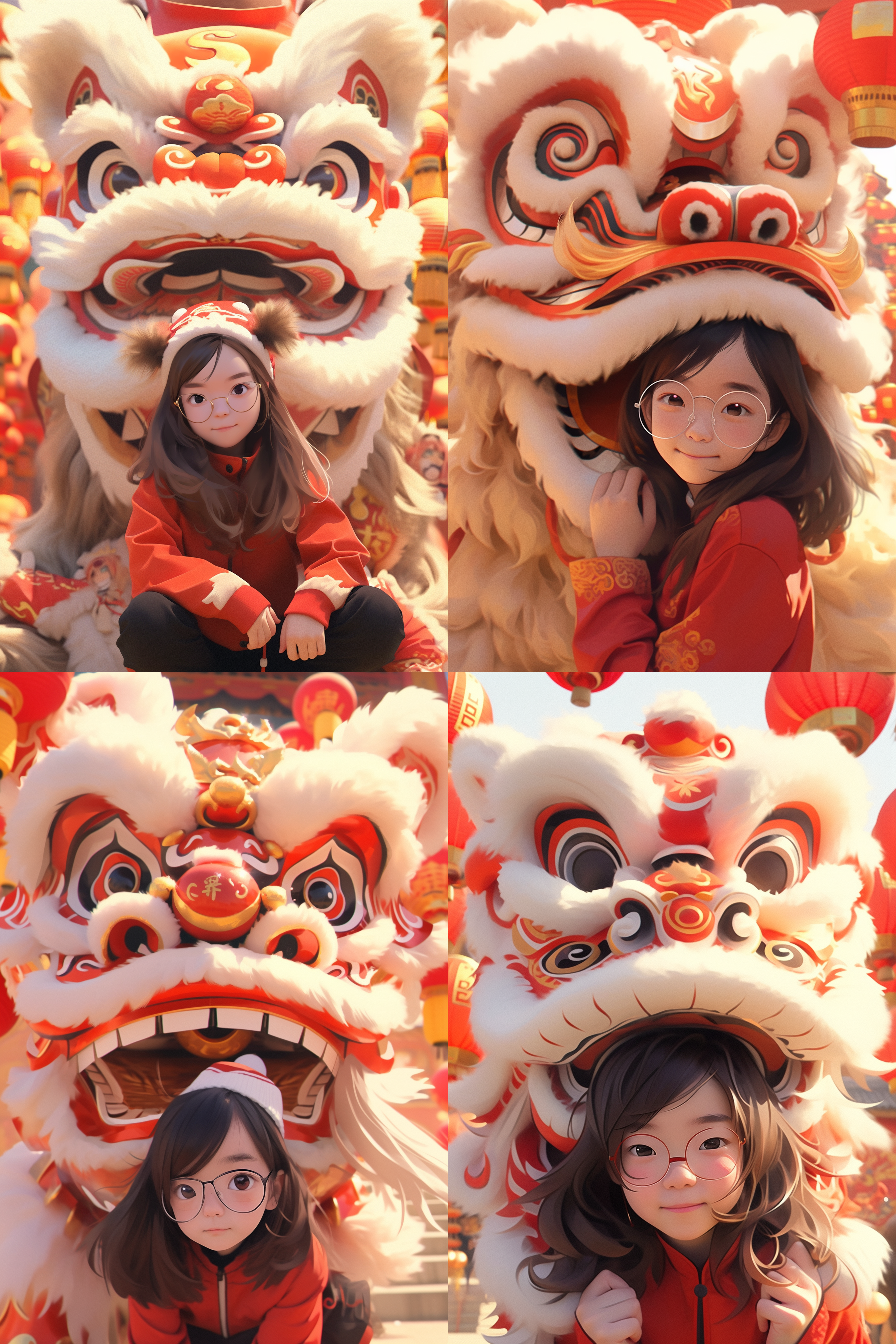 可爱女孩，中国大狮子帽子，红色背景，农历新年气氛，喜庆，中国新年，红色衣服，柔和灯光，8k，辛烷渲染，c4d渲染，oc渲染，极致细节，传统风格，生动色彩，愉悦情绪。