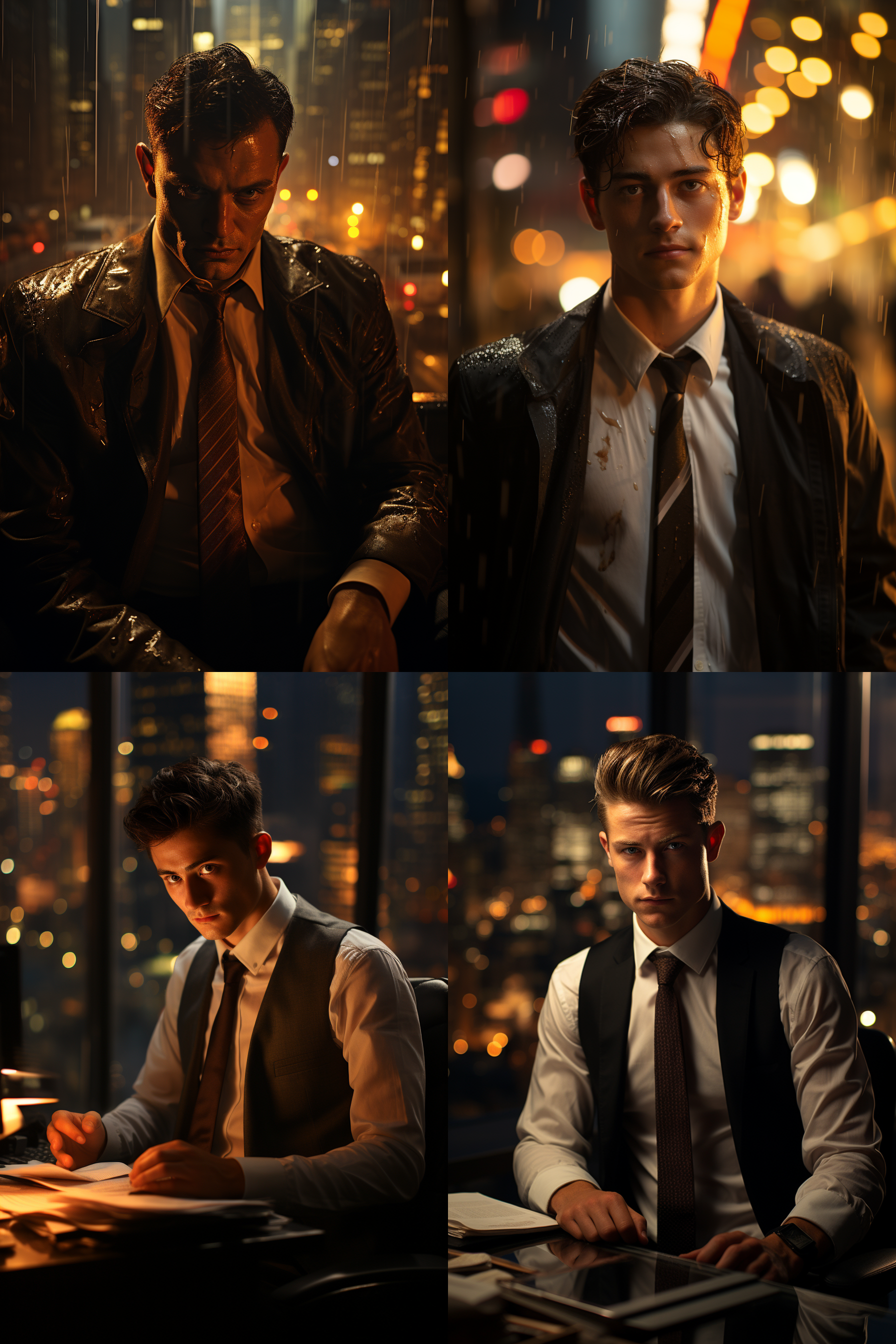 你辛勤工作的样子，汗水滴落在额头上，面容疲惫但坚毅。背景是一个繁忙的办公室，透过窗户可以看到城市的繁华景象。光线透过窗户投射在你身上，形成有力的侧光效果。色调偏向暖色调，突出你的坚定和温暖。镜头选择中焦距，突出你的表情和细节。努力、决心、自信。