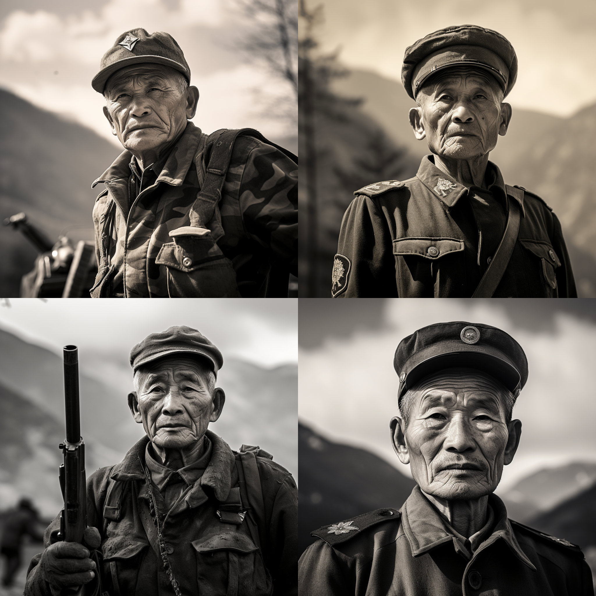 中国式朝鲜战争老兵，山地背景，军装，沧桑表情，黑白风格，长焦镜头，逆光，举枪动作，荣誉，坚毅，尊重。