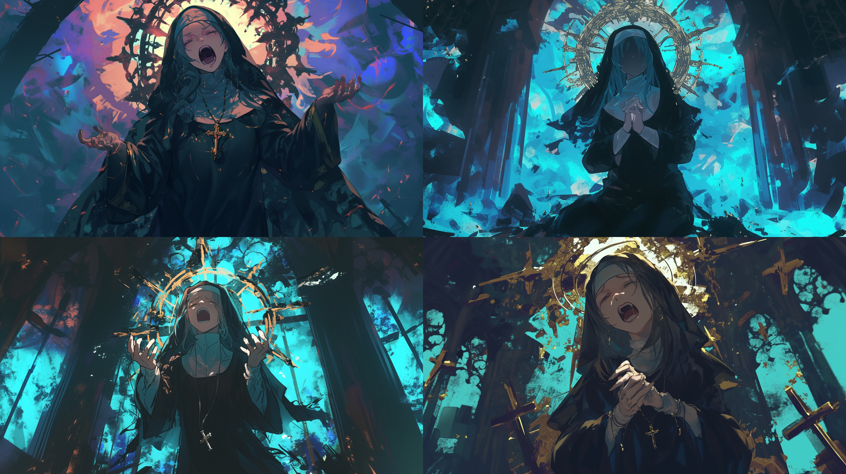 修女张大嘴巴，朗诵着天国的镇魂曲，音乐魔法，歌声浮现，音调幻化成了魔法符号，悲伤氛围，暗色调