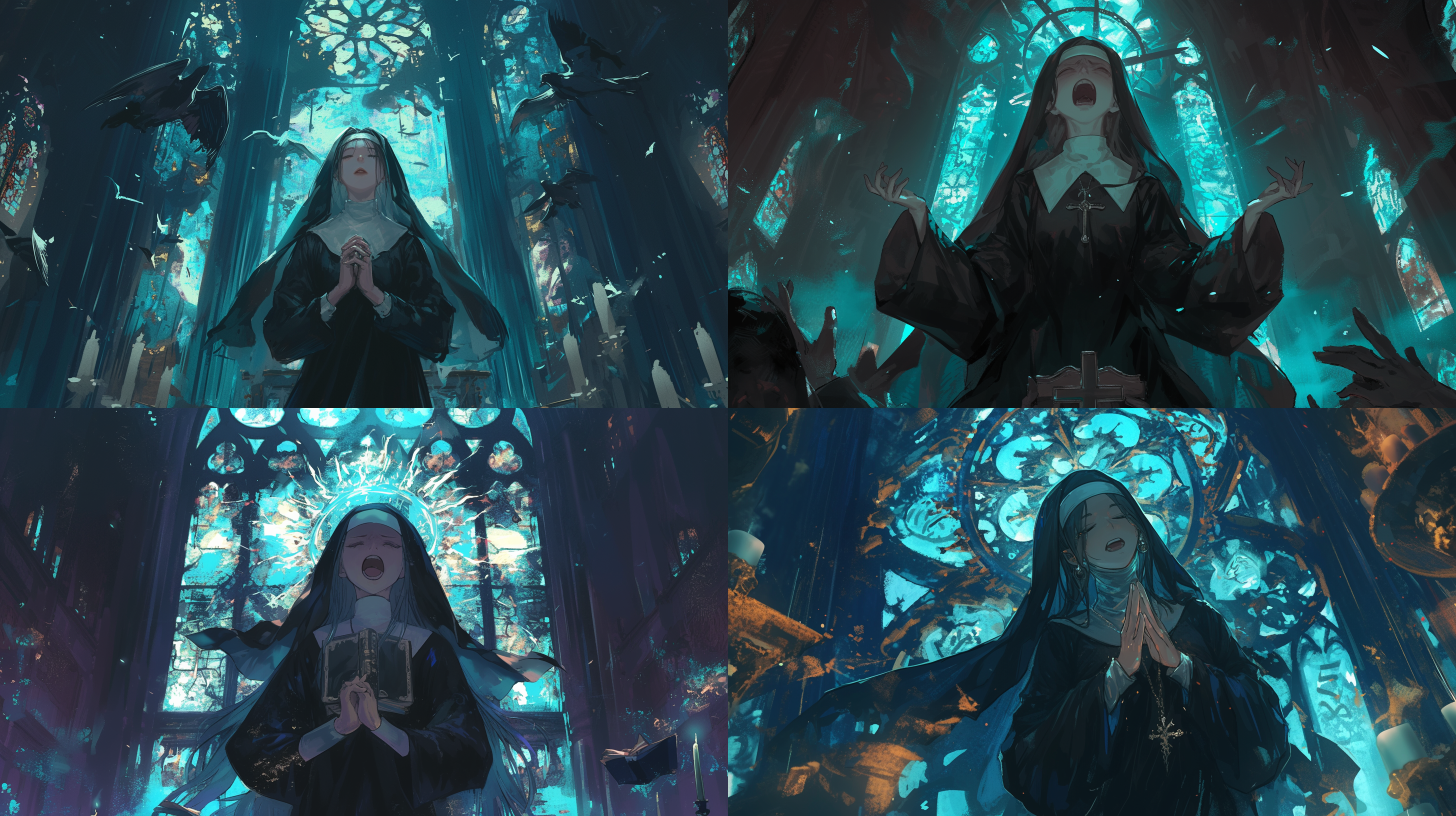 修女张大嘴巴，朗诵着天国的镇魂曲，音乐魔法，歌声浮现，音调幻化成了魔法符号，悲伤氛围，暗色调