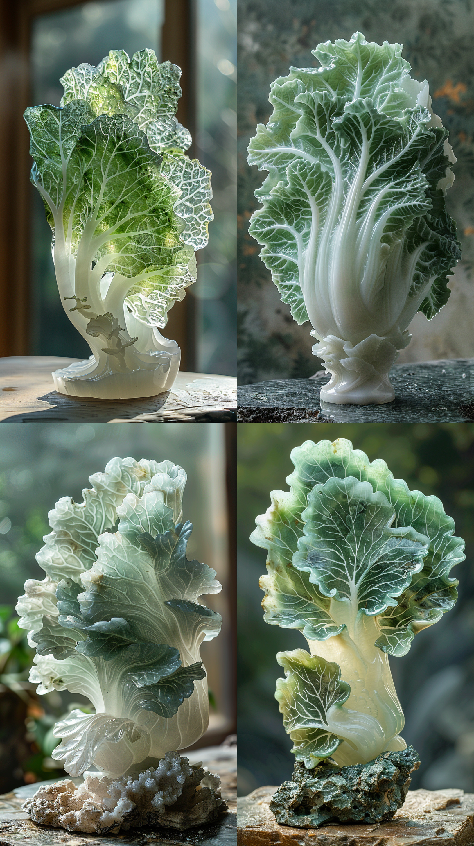 一个玉石雕刻的大白菜，白色和绿色配色，平放在桌上，逼真，细节清晰，大师品质，逆光，斑驳光线，全景构图