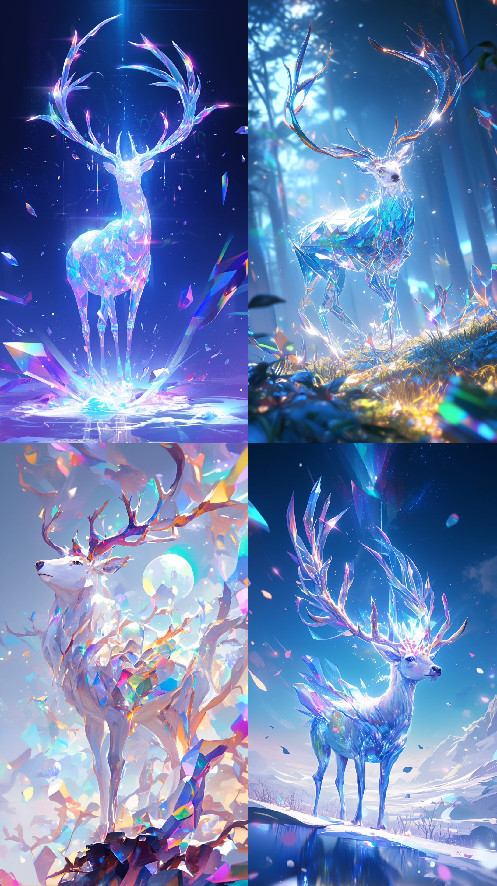 卡通，3d艺术，这张图片展示了一个完全由透明水晶制成的华丽转身，当阳光从它的身体倾泻而下时，它的整个身体都在彩虹色的光谱中闪闪发光 鹿角优雅地拱过头顶，抓住光线，创造出耀眼的色彩。鹿之地蜿蜒在草地上，周围环绕着 各种各样的晶体结构，模仿其雄伟的外观。背景是清澈的蓝天下郁郁葱葱的森林，强调 水晶鹿的自然美景和神奇存在。色彩鲜艳，特别是鹿和周围水晶反射的彩虹色调，增强了场景的迷人氛围。构图的目的是在一个宁静的时刻捕捉鹿，就好像它是 与周围的神奇景观和平共处。