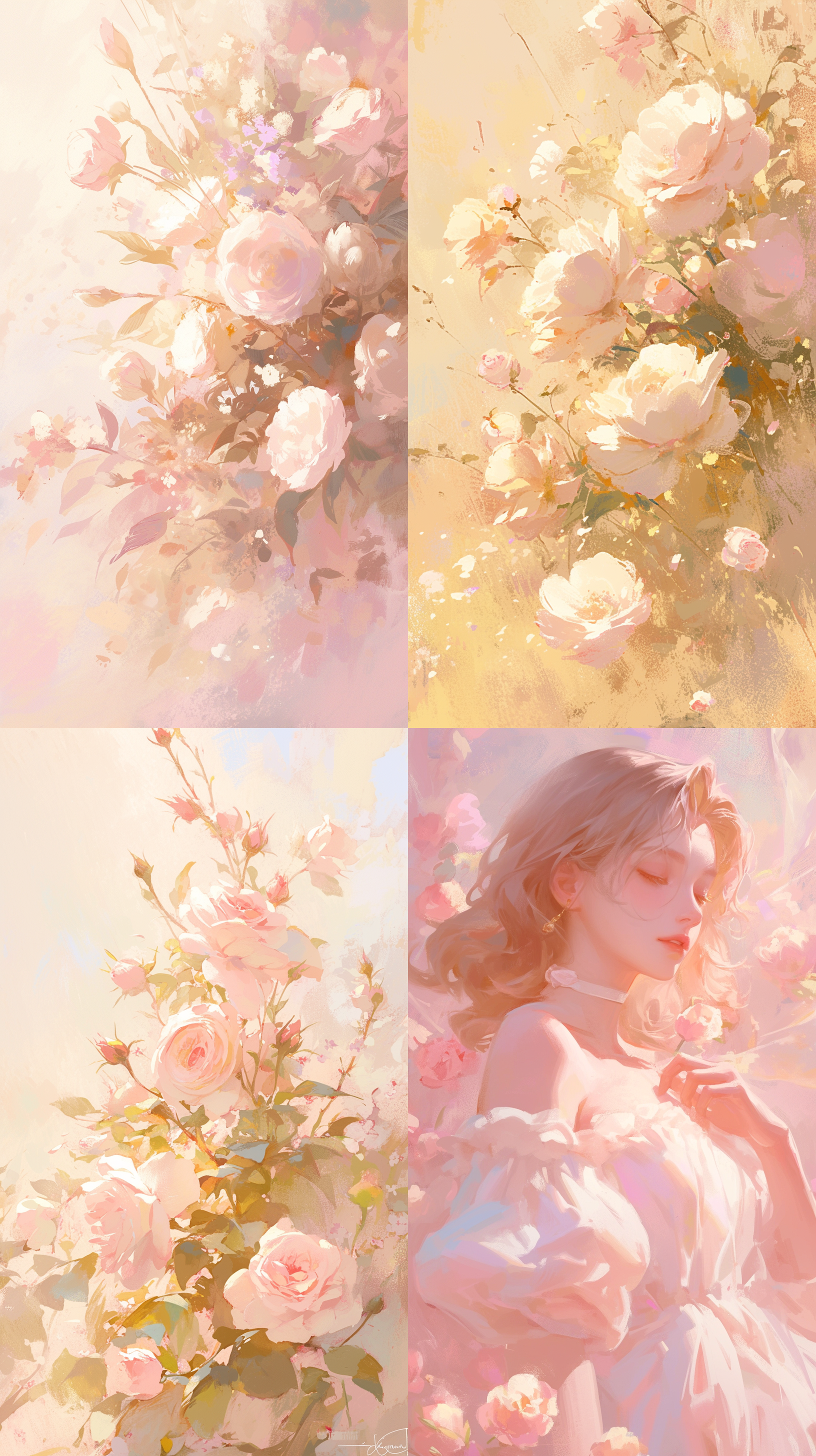 粉色花朵，简洁设计，温暖光线，柔和表情，优雅，温馨，庆祝，莫奈风格，柔和色调，底部重心，正面构图，浅焦距，女性力量，精致细节，花朵元素。