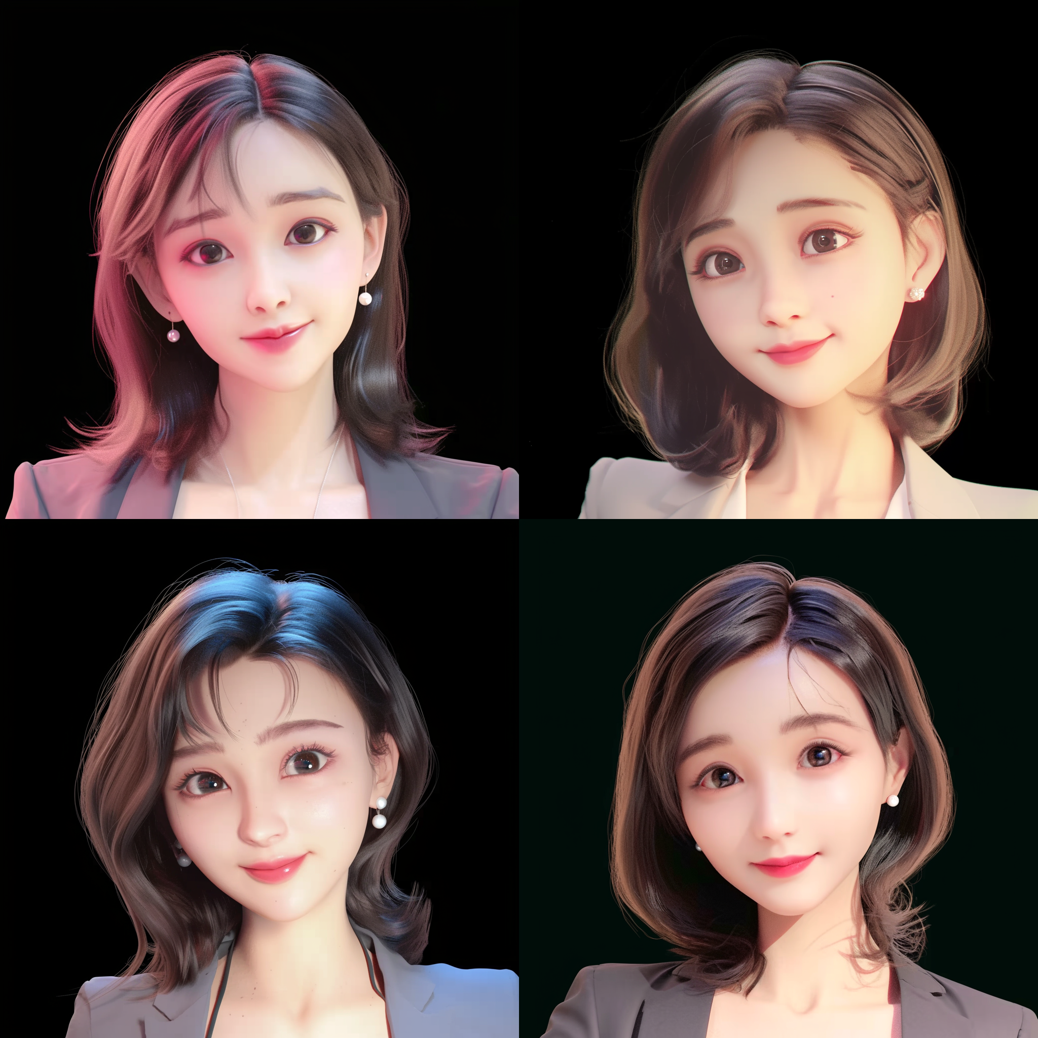 迪士尼女孩，低饱和度皮克斯，超详细的粘土，动漫，笑容灿烂，大眼睛，珍珠耳环，圆脸，清爽头发，刘海，浅灰色西装，详细背景，边缘照明，艺术站seraflur，纯色背景，柔焦，8k，最佳质量，3dc4d，混合器，超高清，3d