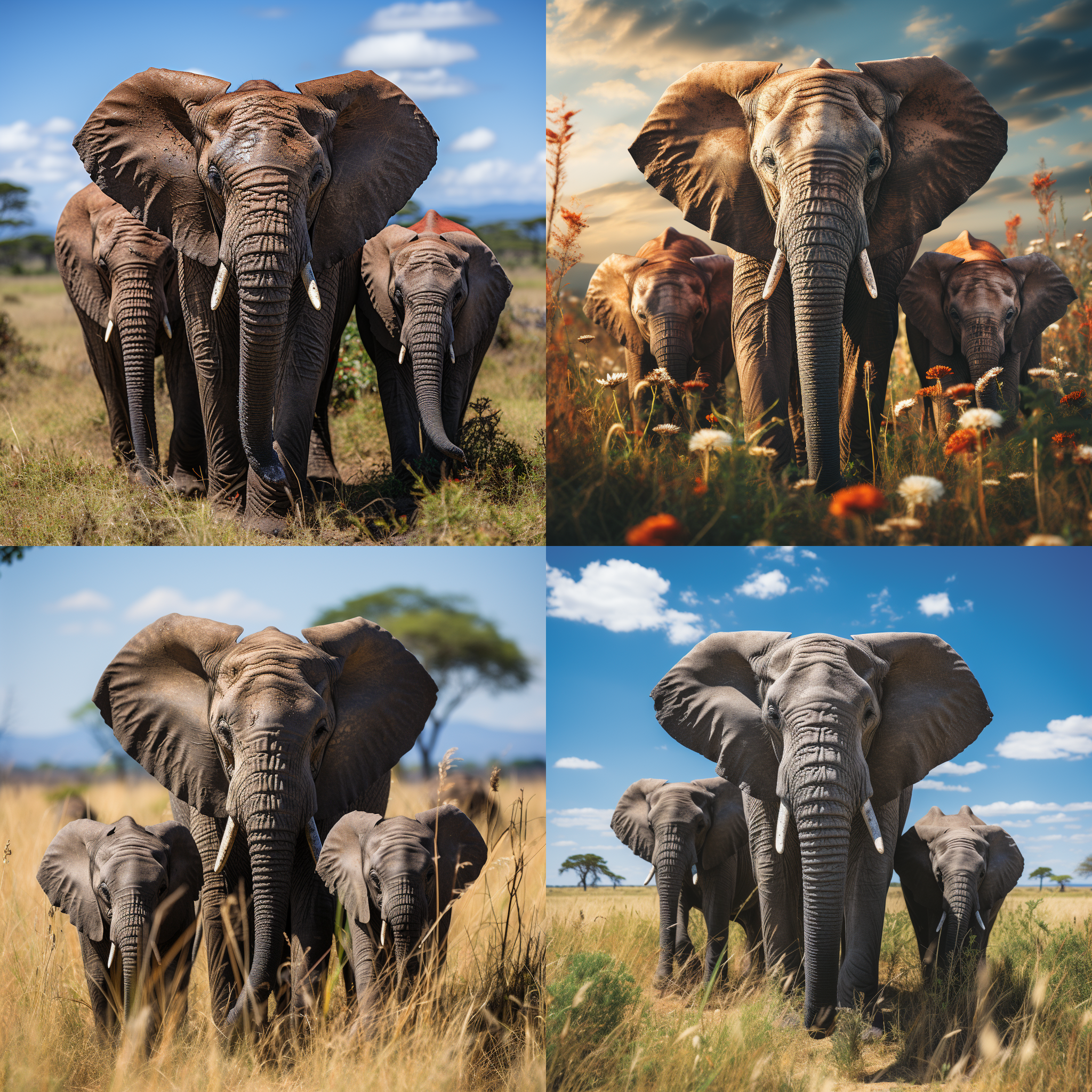 大象一家，站在绿草地上。大象父母高大威武，小象可爱天真。背景是广阔的大草原和蓝天白云。照片风格自然明亮，富有生气。中焦镜头，自然光，温暖色调，愉悦，自然。