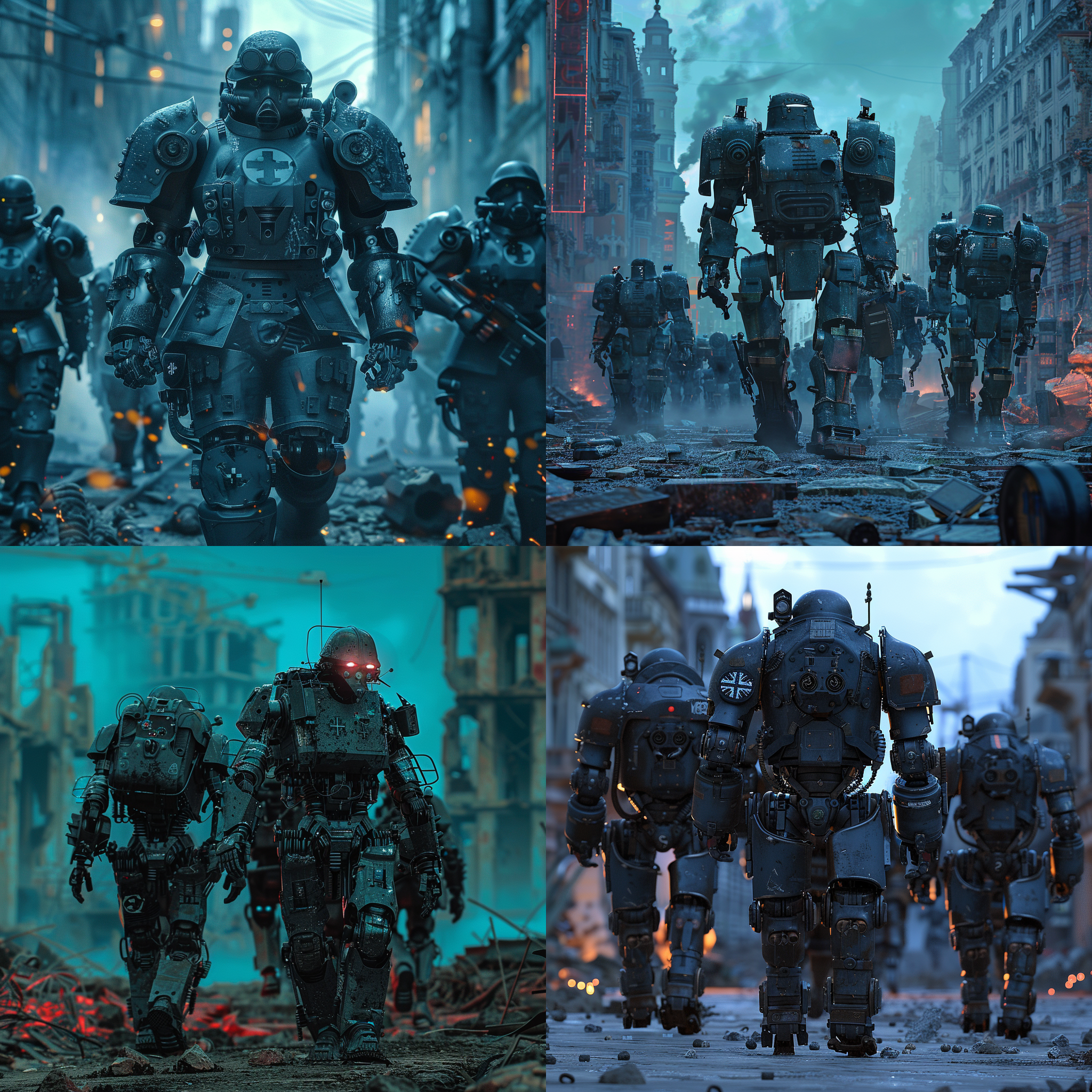 二战德军机甲士兵，未来科幻风格，城市废墟背景，机械装甲，步行前进，蓝色照明，远景，细节丰富，高饱和度，震撼情感。