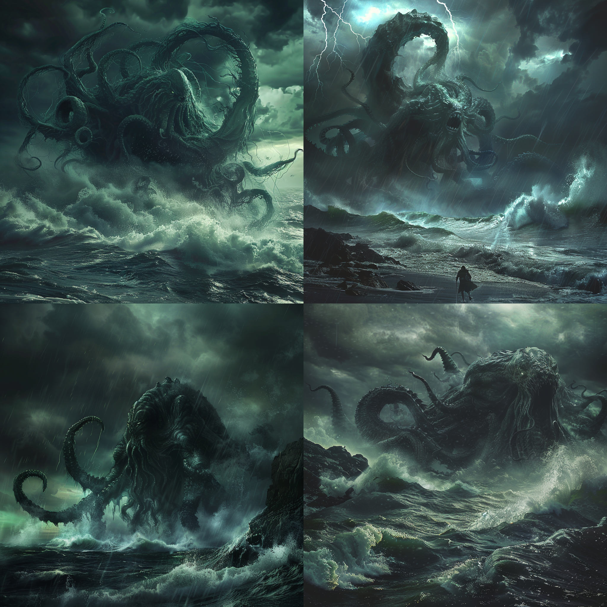 克苏鲁巨大身躯，海浪汹涌，阴沉天空，恐怖氛围，海边，超广角镜头，暗黑色调，逆光，静态，巨大怪物，绿色，恐惧