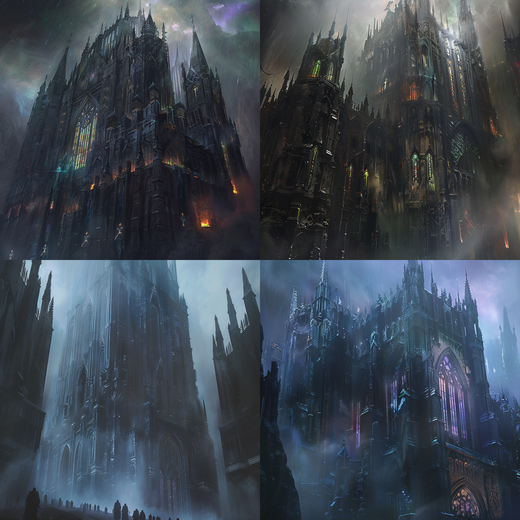 高大的哥特风战锤40k建筑，庄严而神秘。建筑外观有尖顶、尖角和浮雕，黑暗的石墙上镶嵌着奇幻的图案。建筑周围环绕着浓密的雾气，给人一种神秘的感觉。建筑内部透过彩色的玻璃窗透出柔和的光线，创造出神秘而宏伟的氛围。哥特风，黑暗色调，神秘，宏伟，浮雕，尖顶，尖角，玻璃窗。