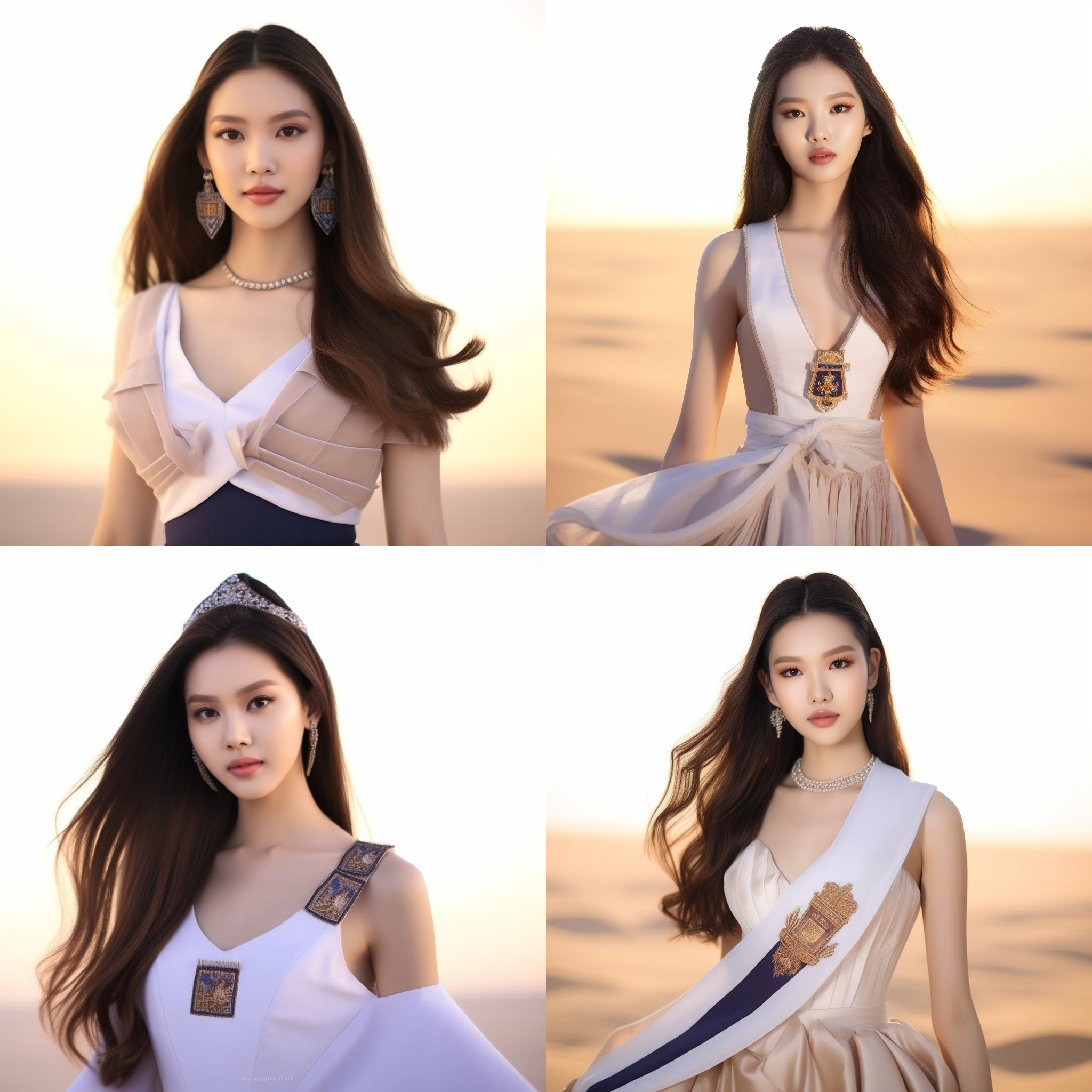 女孩穿白连衣裙，沙漠中走来。风吹拂长裙，如白纱般飘逸。长发飞舞，阳光明媚。沙丘起伏。优美，浪漫，自由，清新，纯洁，梦幻，温暖，宁静，寂静，迷人，神秘，夏日，自然，柔和，恬静，轻盈，舒适，愉悦，宜人，淡雅，诗意，温馨，感性，温润，温暖，轻松，柔美，独特，醉人，美丽。