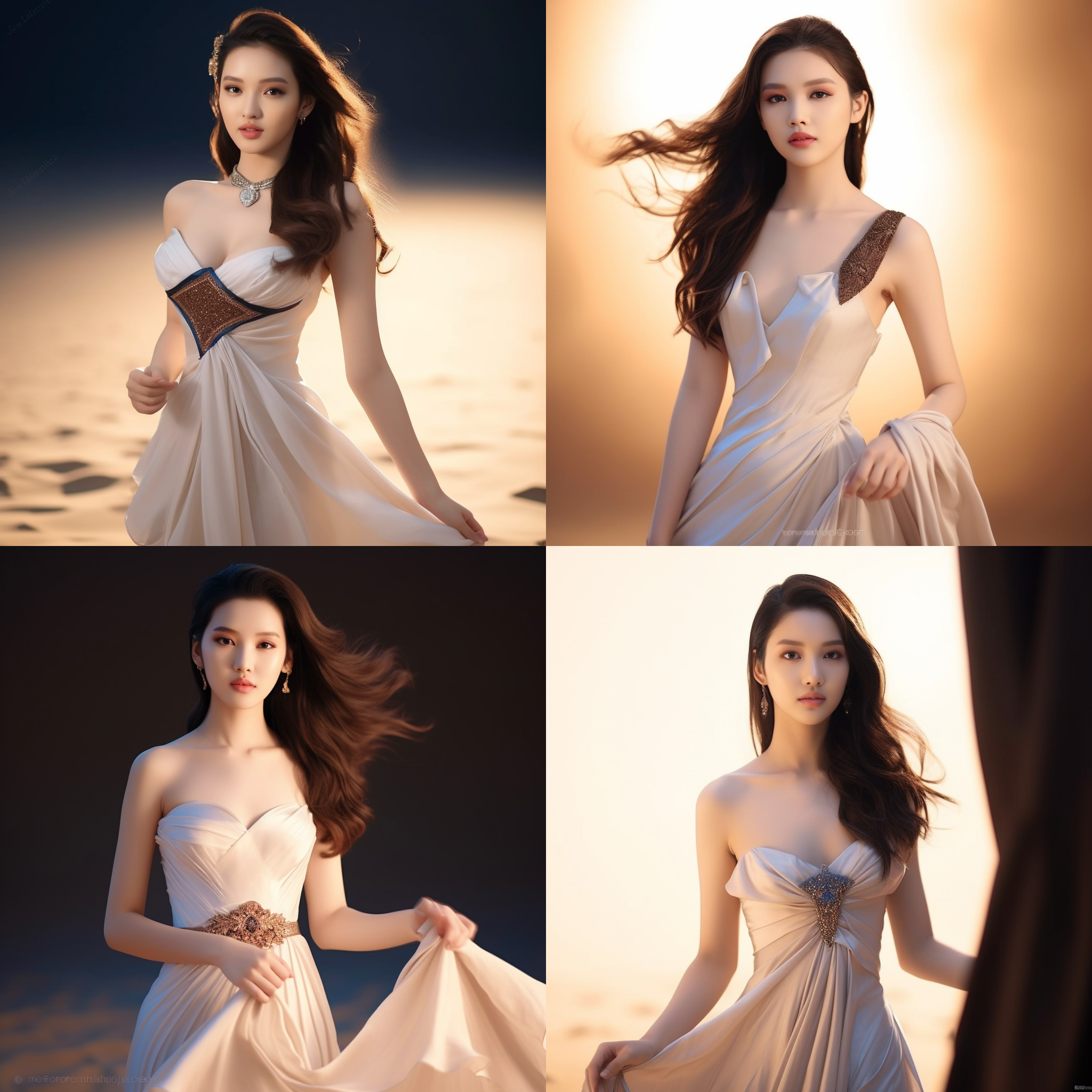 女孩白裙走沙漠，飘逸连衣裙，长发飞舞，明媚阳光，沙丘背景，柔和光线，风景摄影，白色主题，优雅气质，温暖色调，风吹拂，自然美。