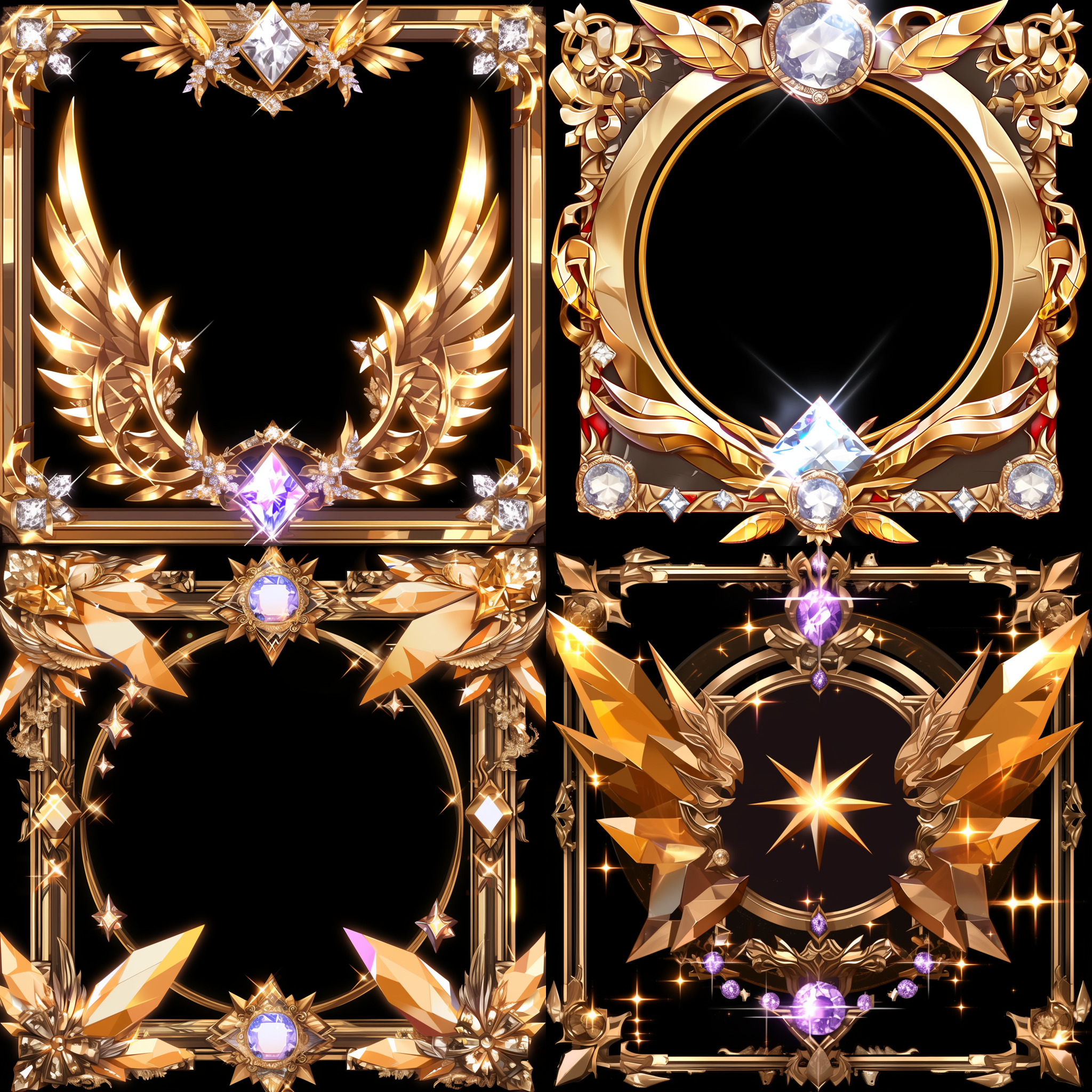 游戏方形头像框架，黄金色，钻石装饰、翅膀装饰，曼陀罗，复古，黄金特效，金光缠绕，炫酷特效