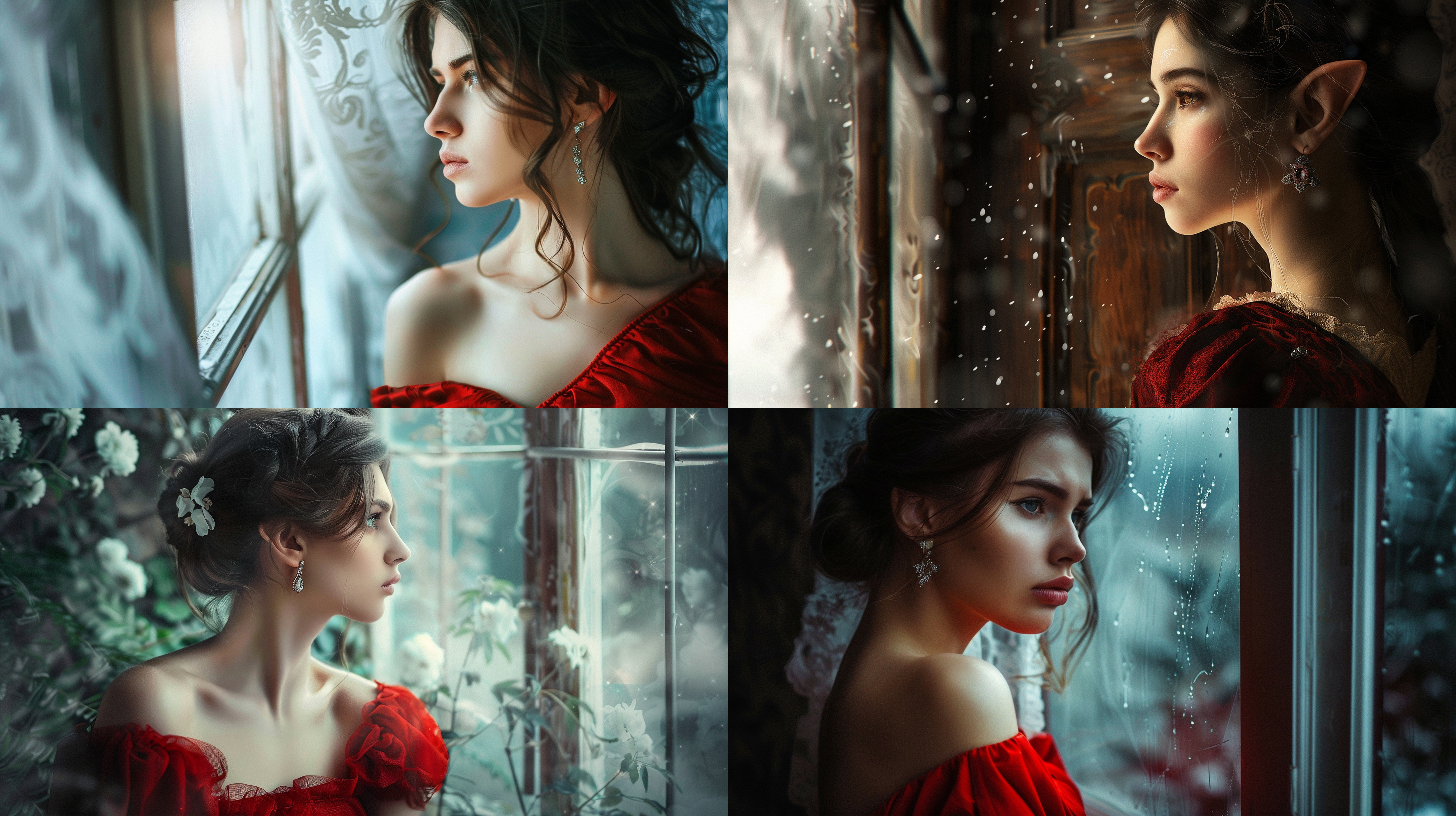 女精灵，长焦镜头，高清晰度，心事重重望向窗外，侧脸，身穿红色礼服，高贵，耳朵上有耳环，神秘，优雅，窗外风景模糊。