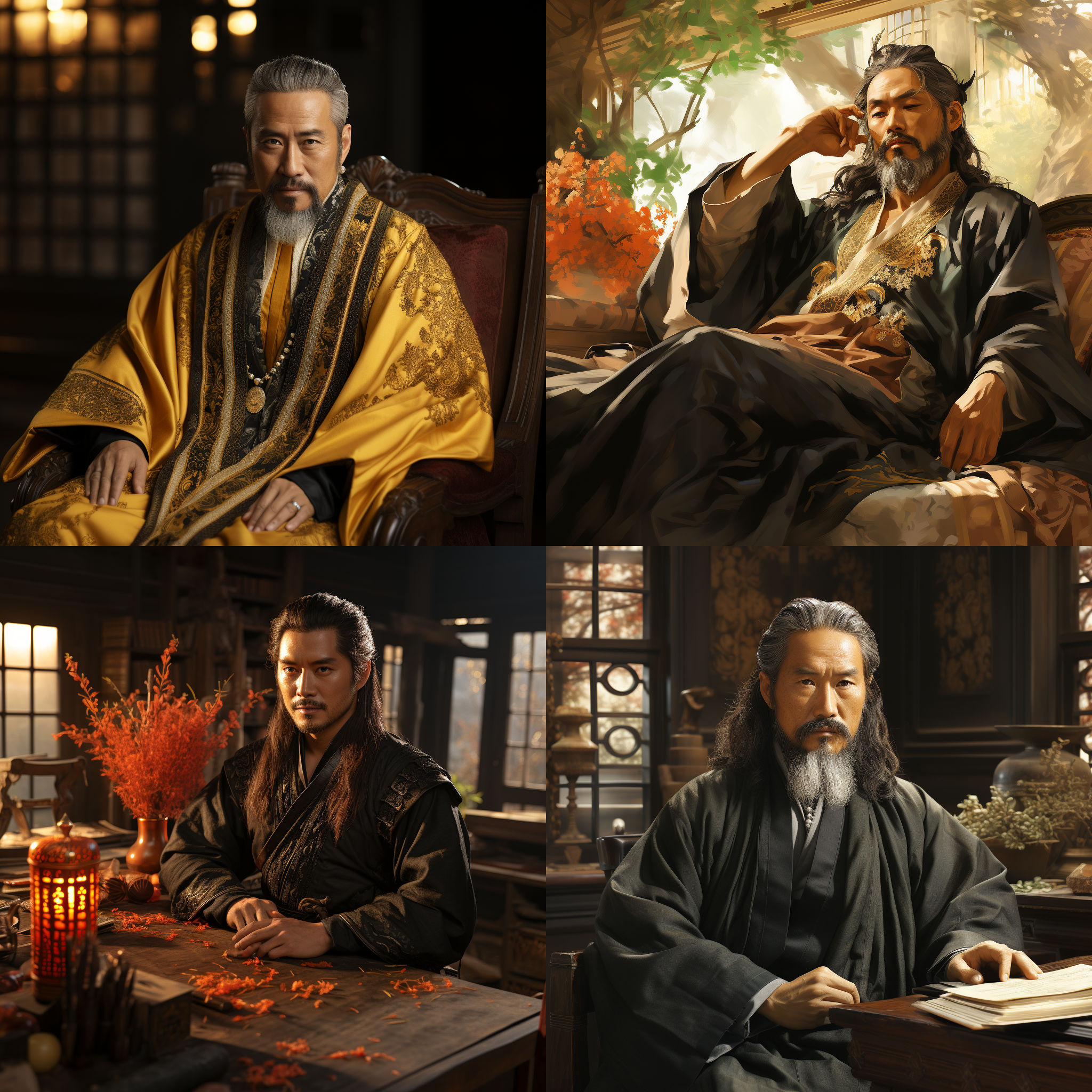 秦始皇在宫殿，中年男性，威严表情，华人面孔，近焦距，压抑氛围，黑衣红边，高清晰度，金色灯光，庄严肃穆，古代风格。