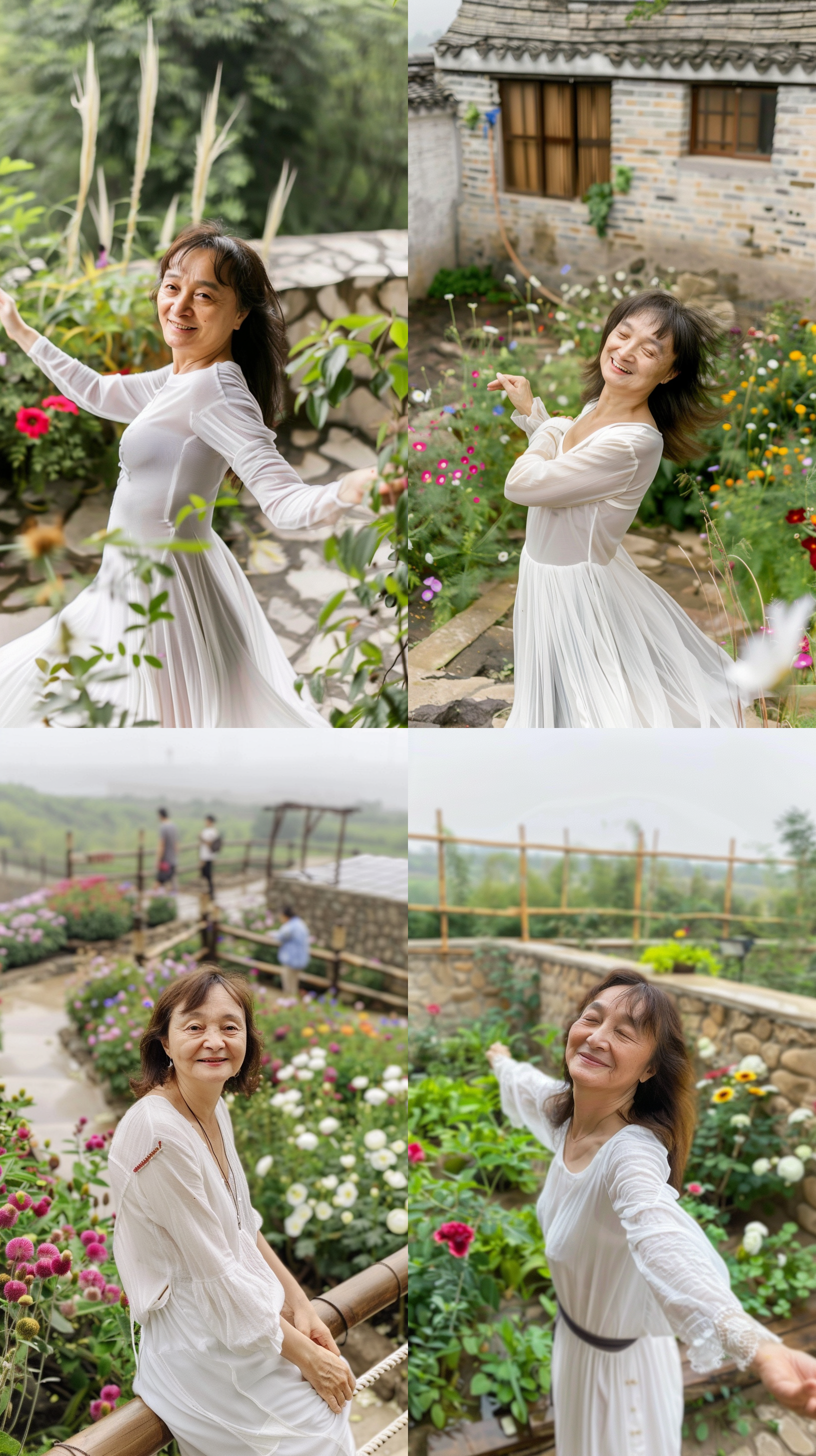 女人微笑，夕阳下，花海中，长发飘逸，着一袭白裙，眼神明亮，微笑温暖，轻柔光线，浅景深，柔和色调，自然姿态，宁静愉悦。 摄影纪实