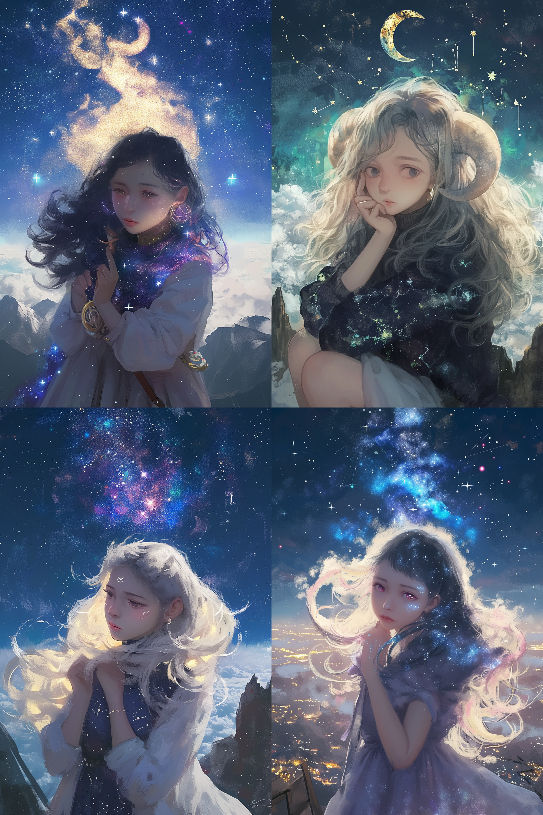 白羊座少女在山顶观星，独特角度，星空背景，流畅长发，热情表情，宇宙元素，清晰轮廓，长焦镜头，暗光环境，抬头仰望，神秘感。