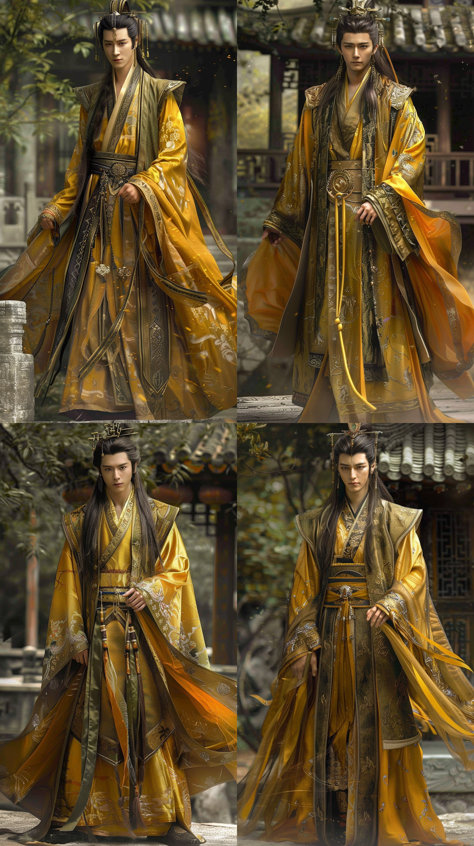 中国古代男性 身材健硕皮肤白皙 中国古代侠客 目露凶光 精致的线条 多彩的颜色渲染 束发 写实风格 hdr画质 标准的五官 金黄色为主 华丽的衣服 中国古代建筑 手持武器