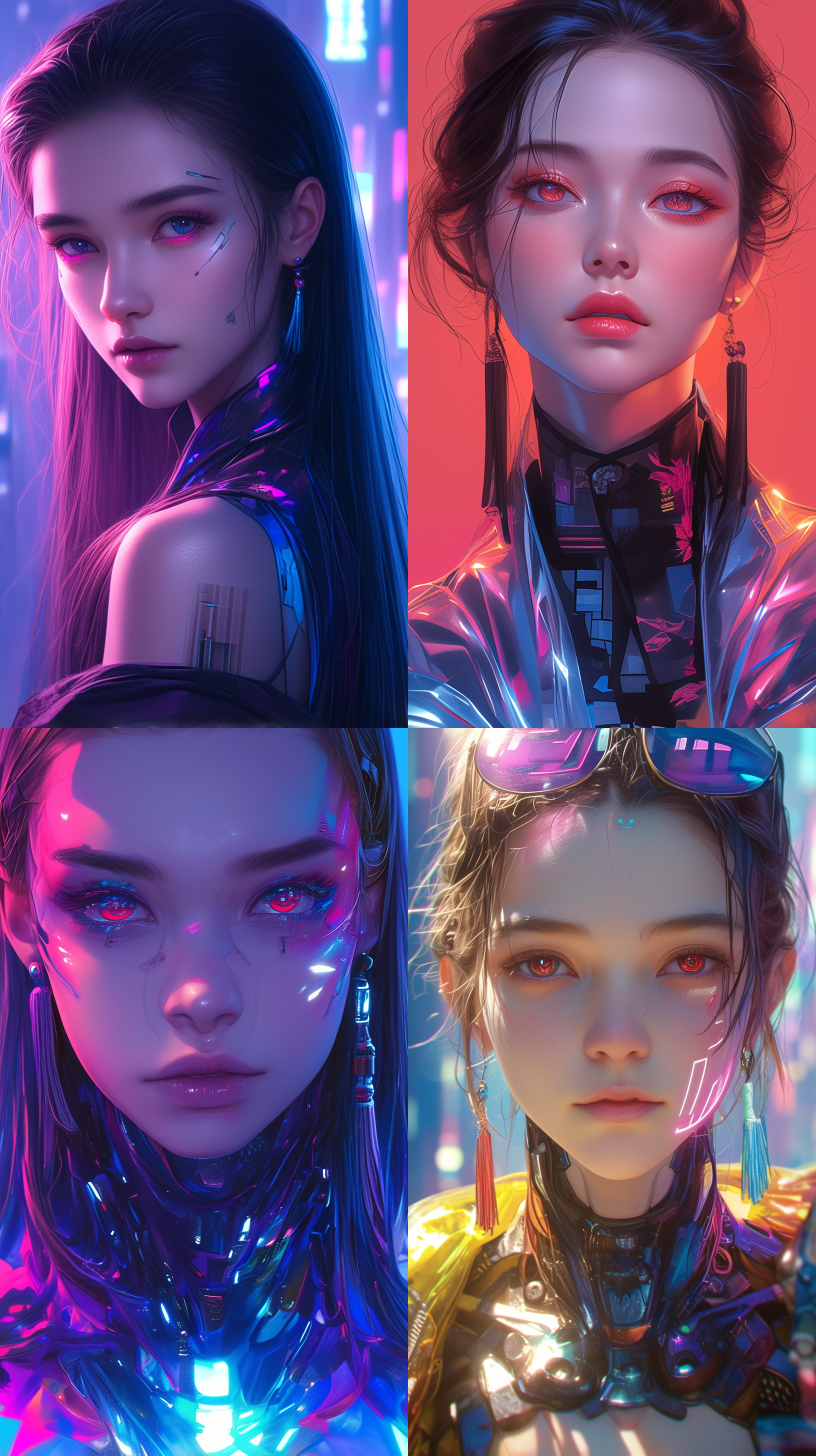 女赛博少女，单纯表情，红色瞳孔，霓虹灯下，赛博朋克建筑背景，黑色流苏耳环，精致眼睛，漂亮脸庞，棕发，蓝饰，淡粉腮红，梦幻写实，细节丰富，人像，乐观，32k，华丽服装。舞台灯光，色彩缤纷，未来感。